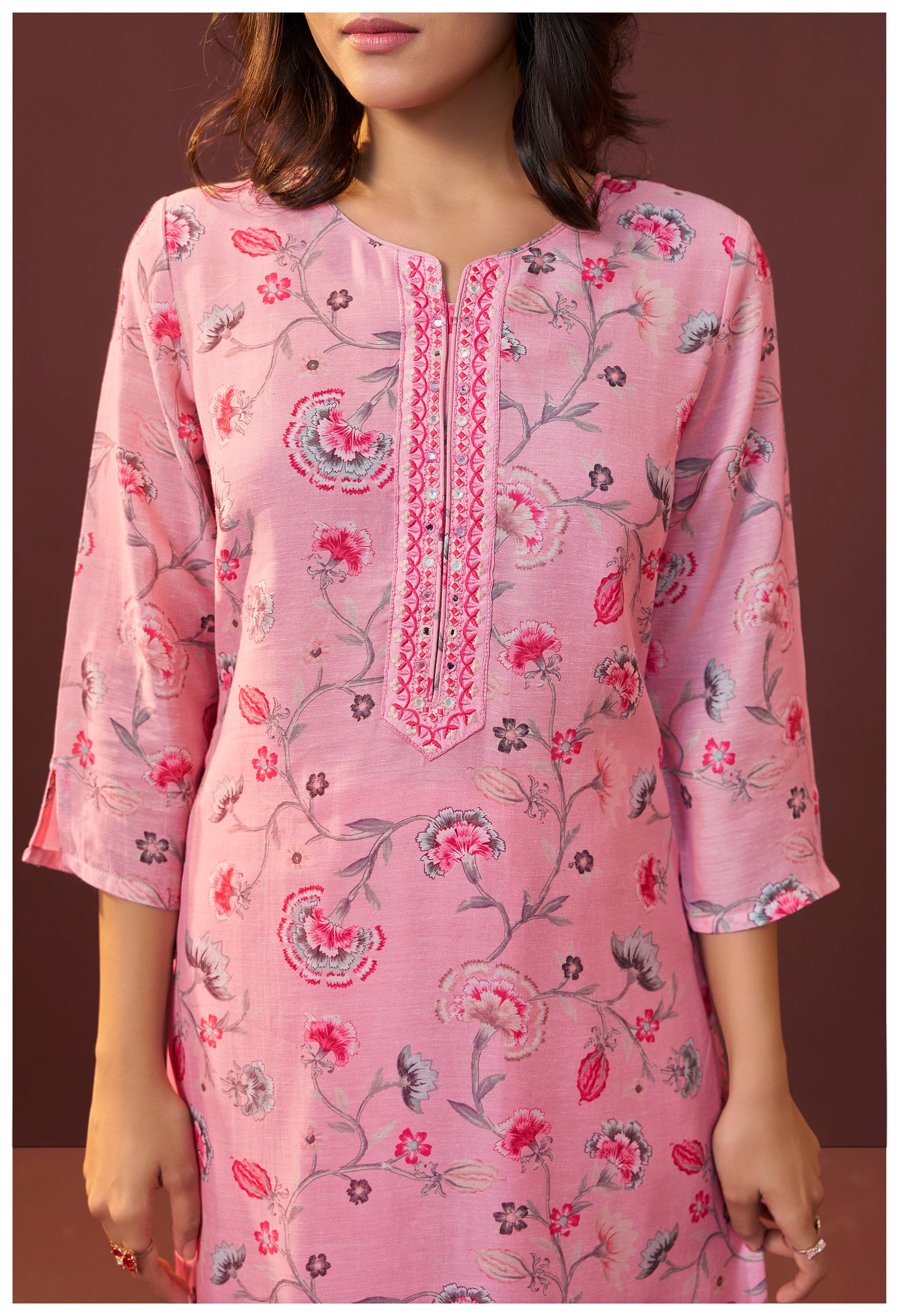 Florayne Pink Linen Embroidered Kurta Set