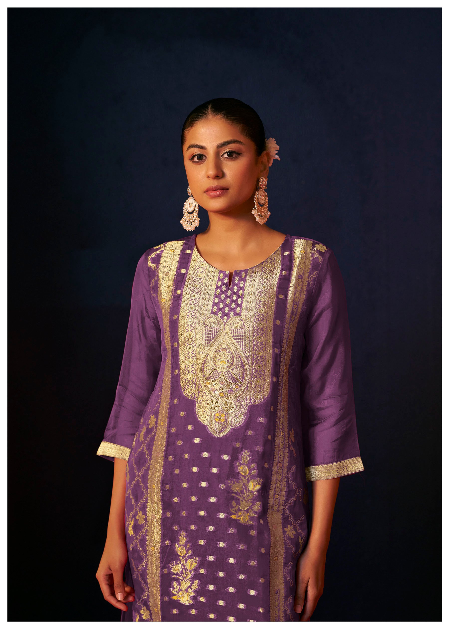 Aurevya Purple Organza Jacquard Kurta Set