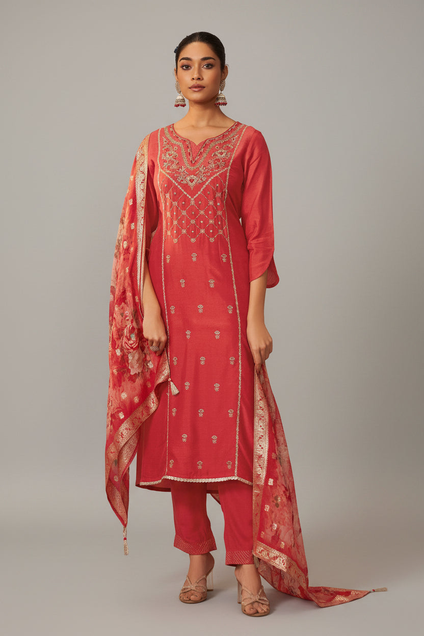 Orange Handworked Silk Festive Kurta Set