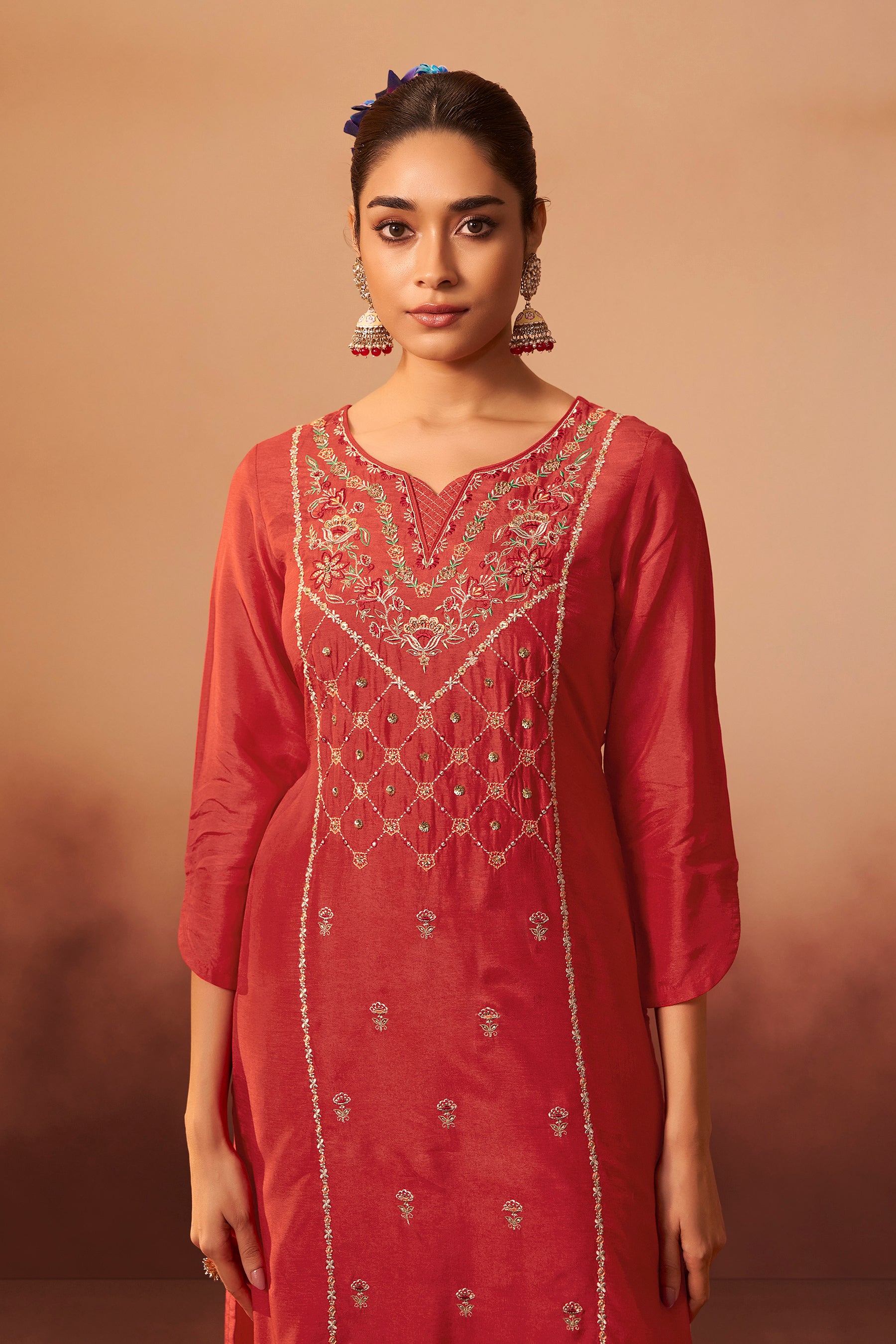 Digital Print Organza Jacquard Dupatta Set – Orange