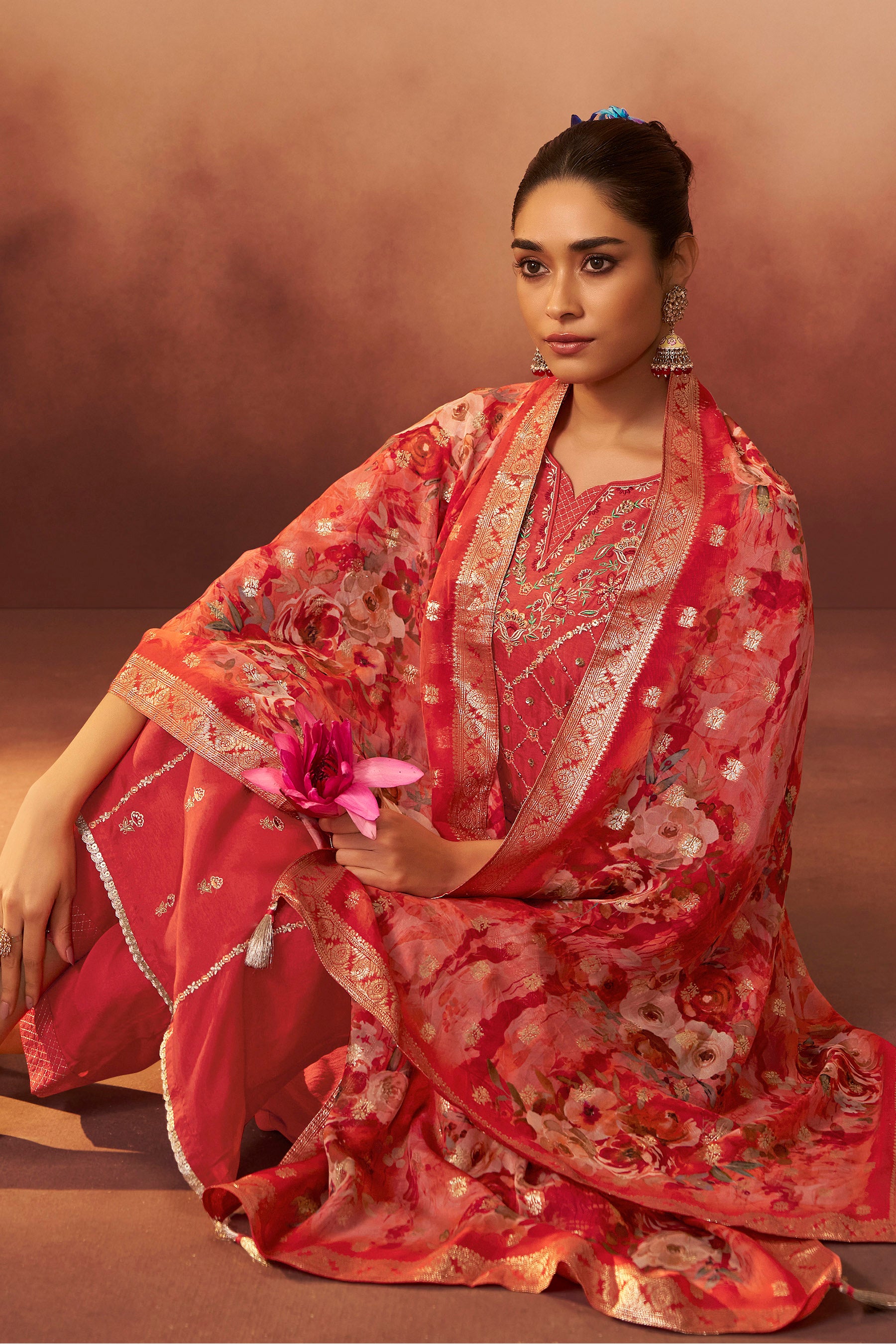 Digital Print Organza Jacquard Dupatta Set – Orange