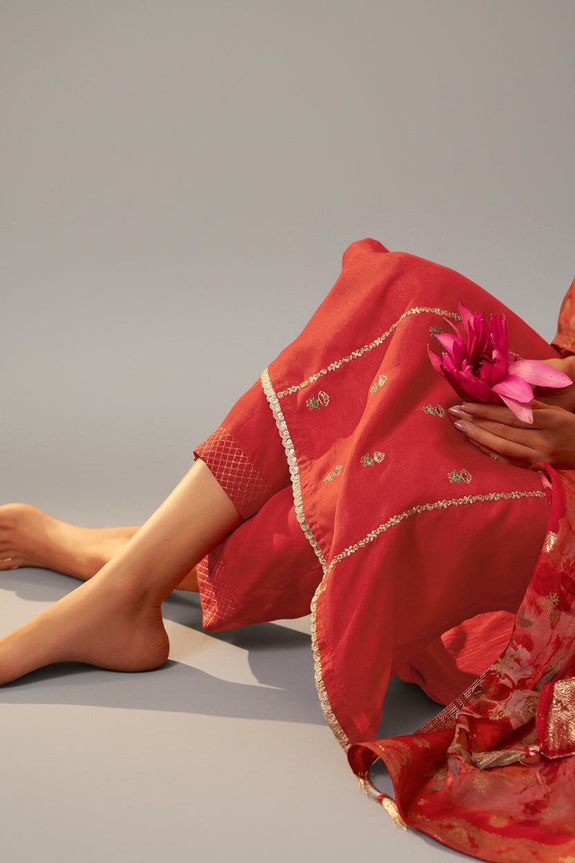 Orange Handworked Silk Festive Kurta Set