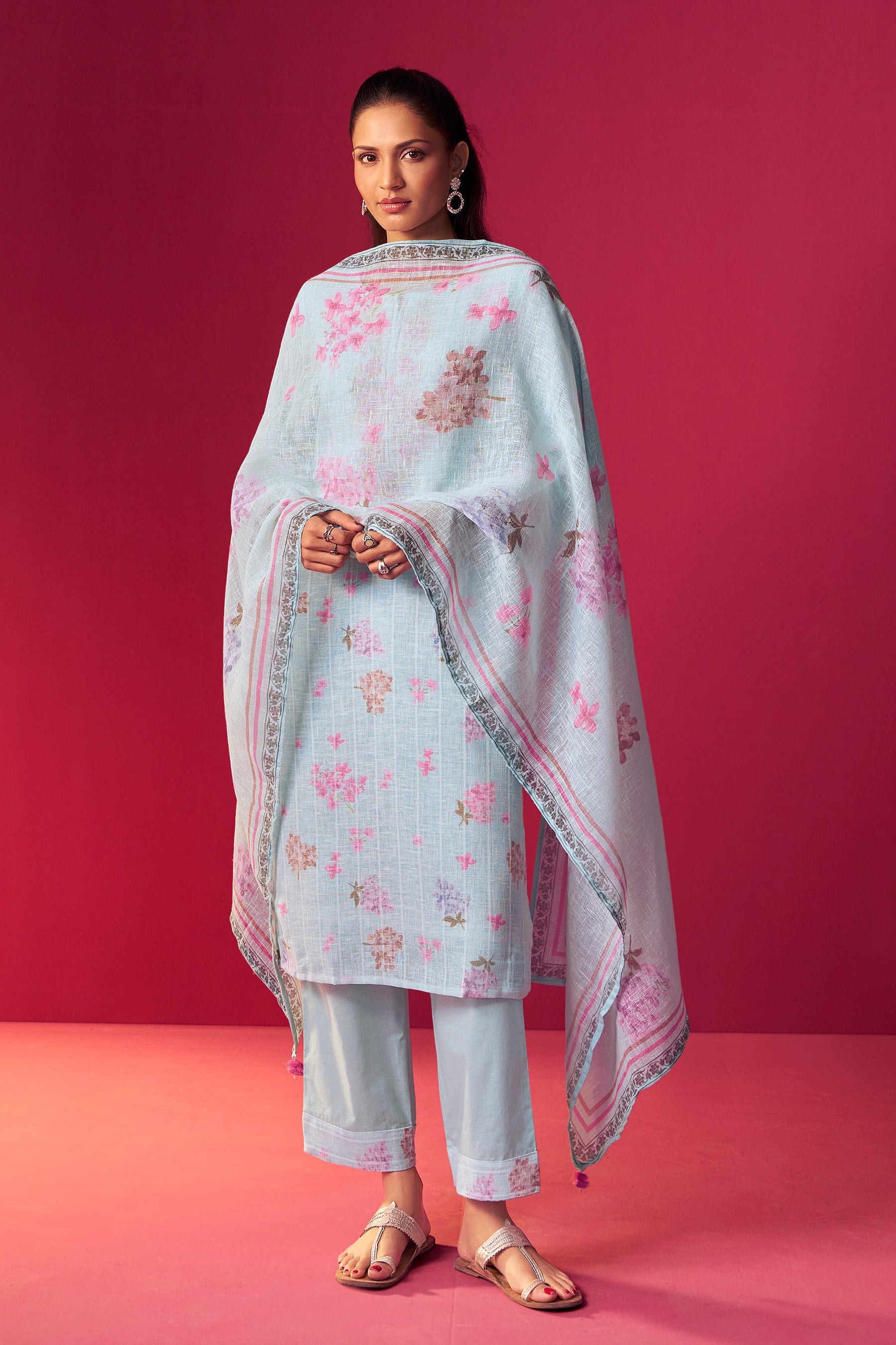 Linen Embroidered Digital Print Kurta Set