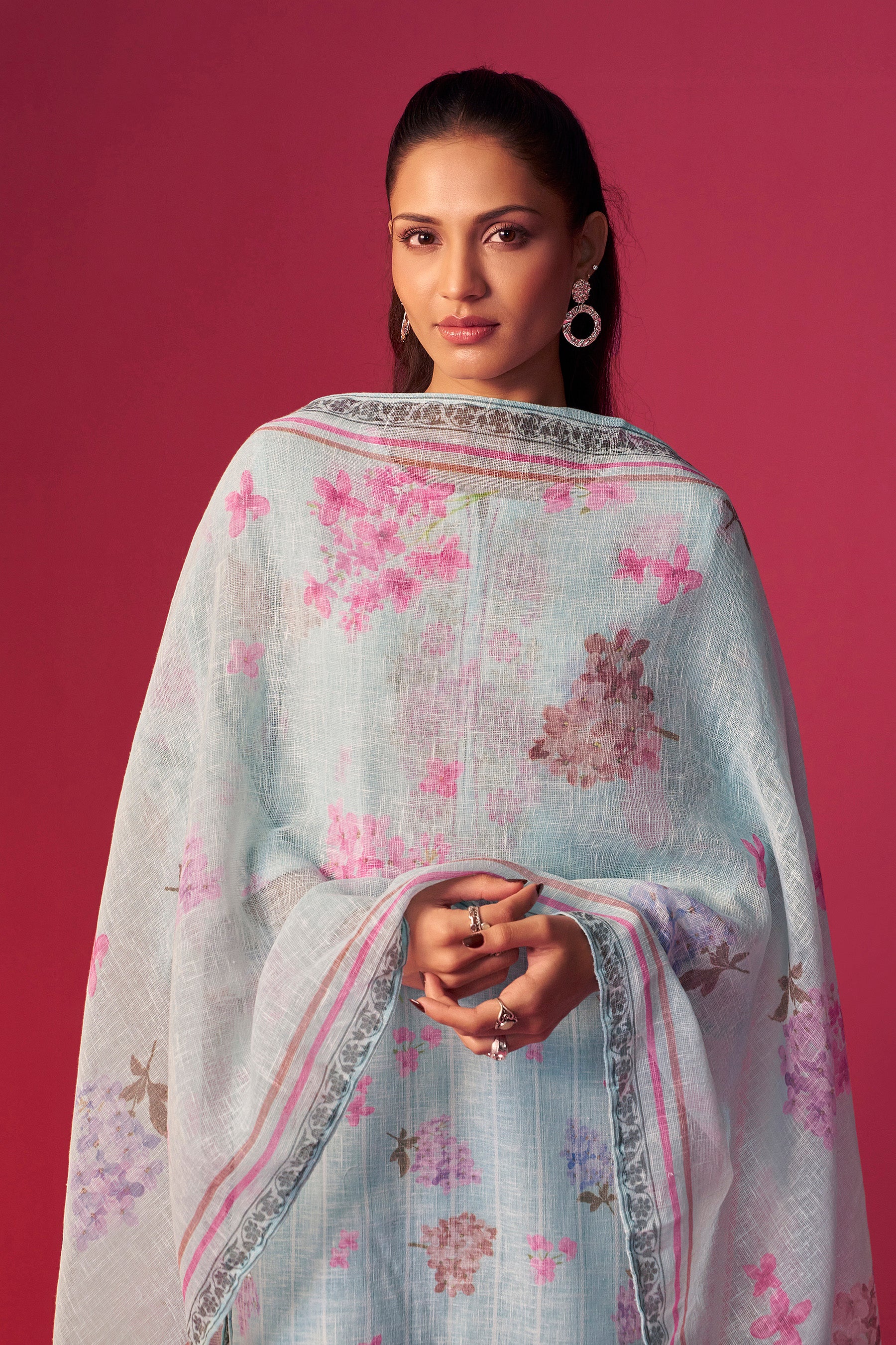 Linen Embroidered Digital Print Kurta Set