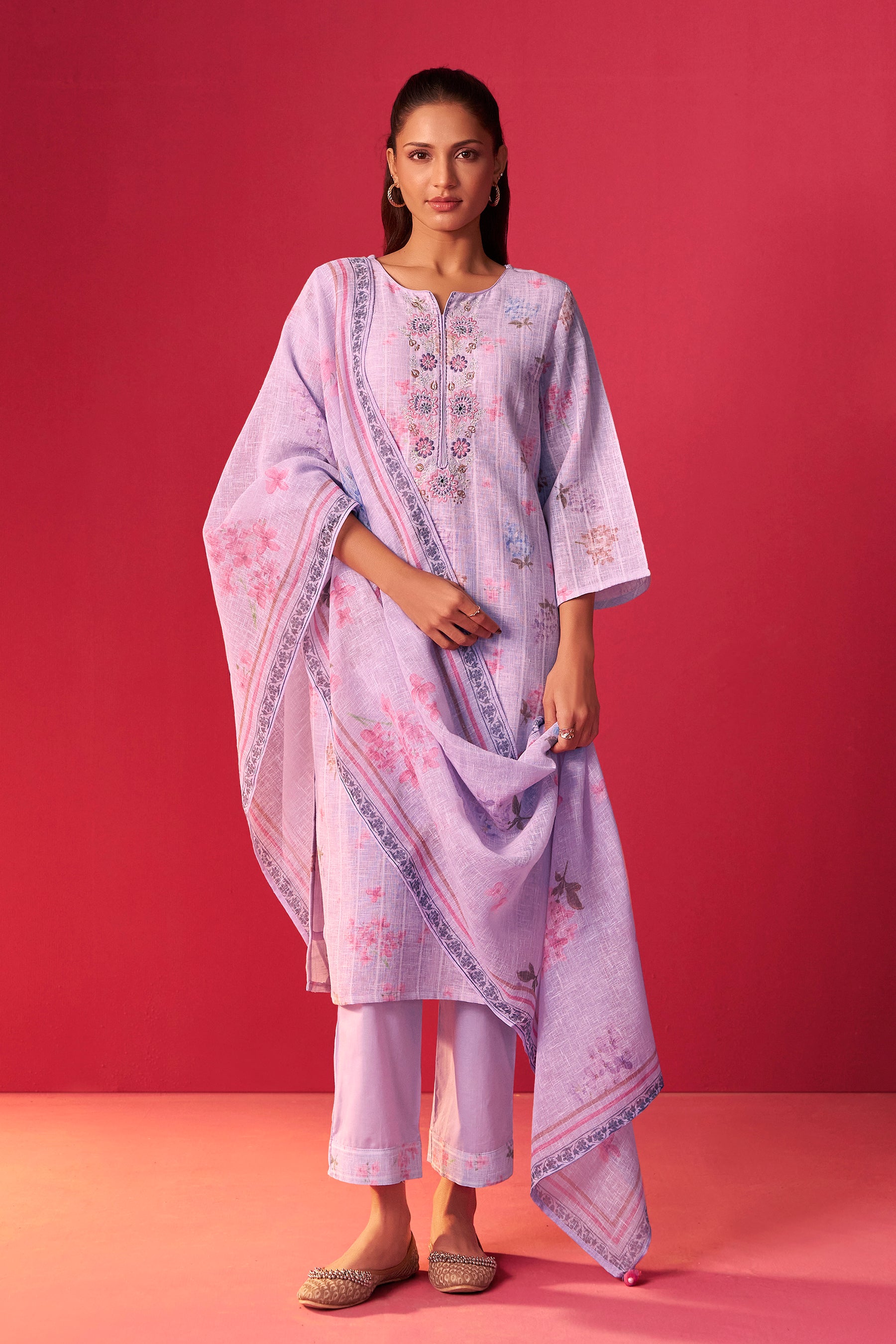 Linen Embroidered Kurta Set