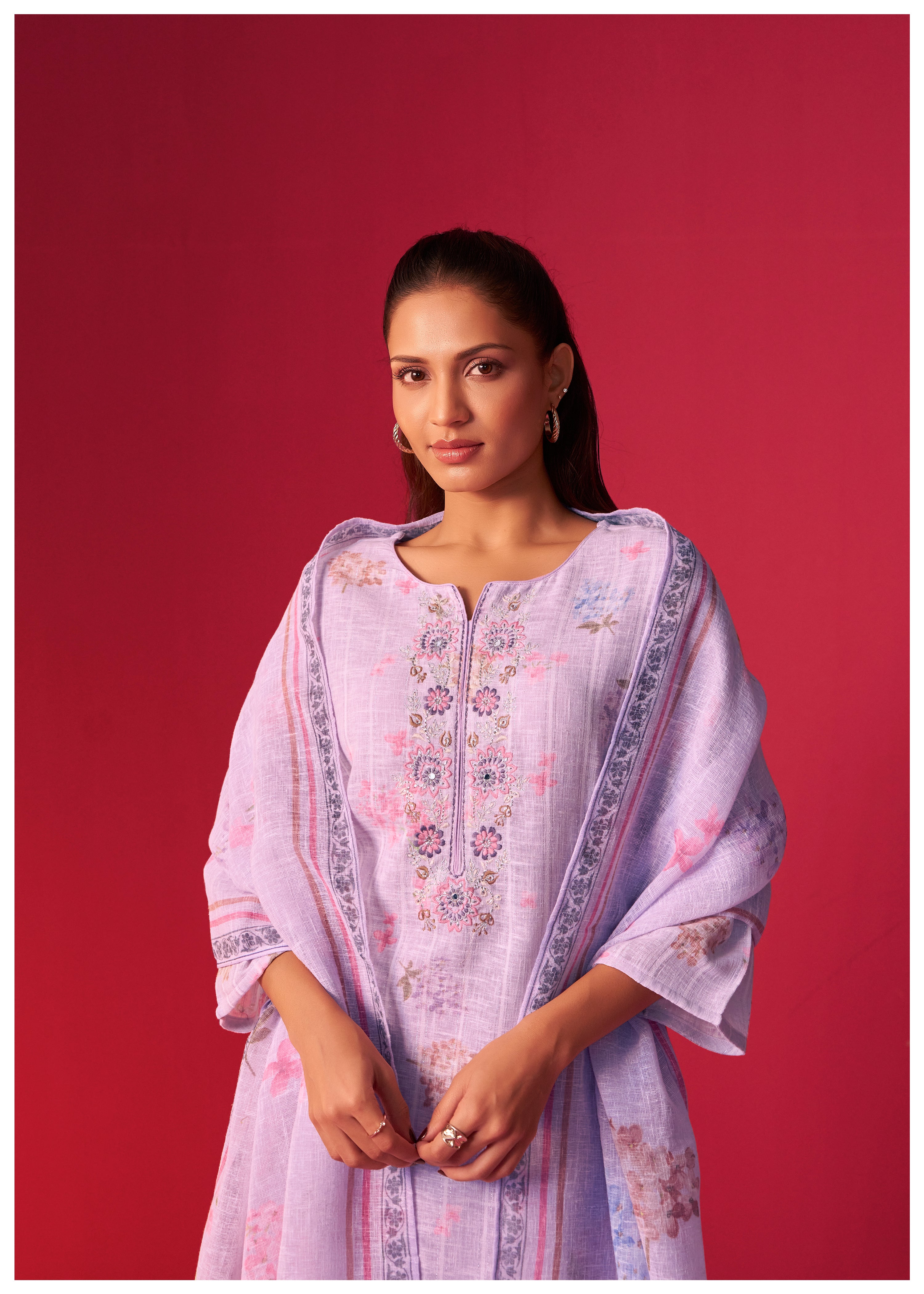 Linen Embroidered Digital Print Kurta Set