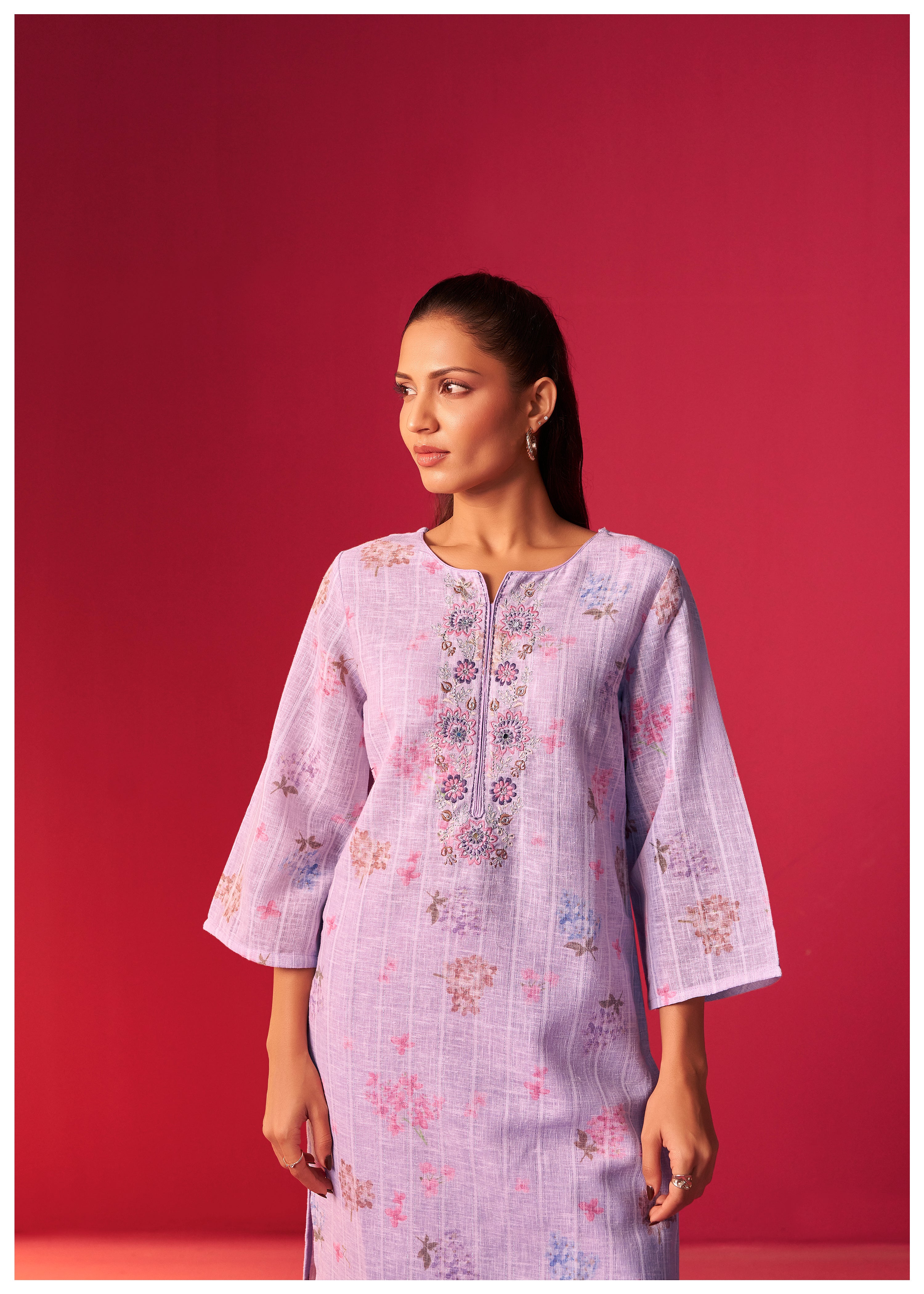 Linen Embroidered Digital Print Kurta Set
