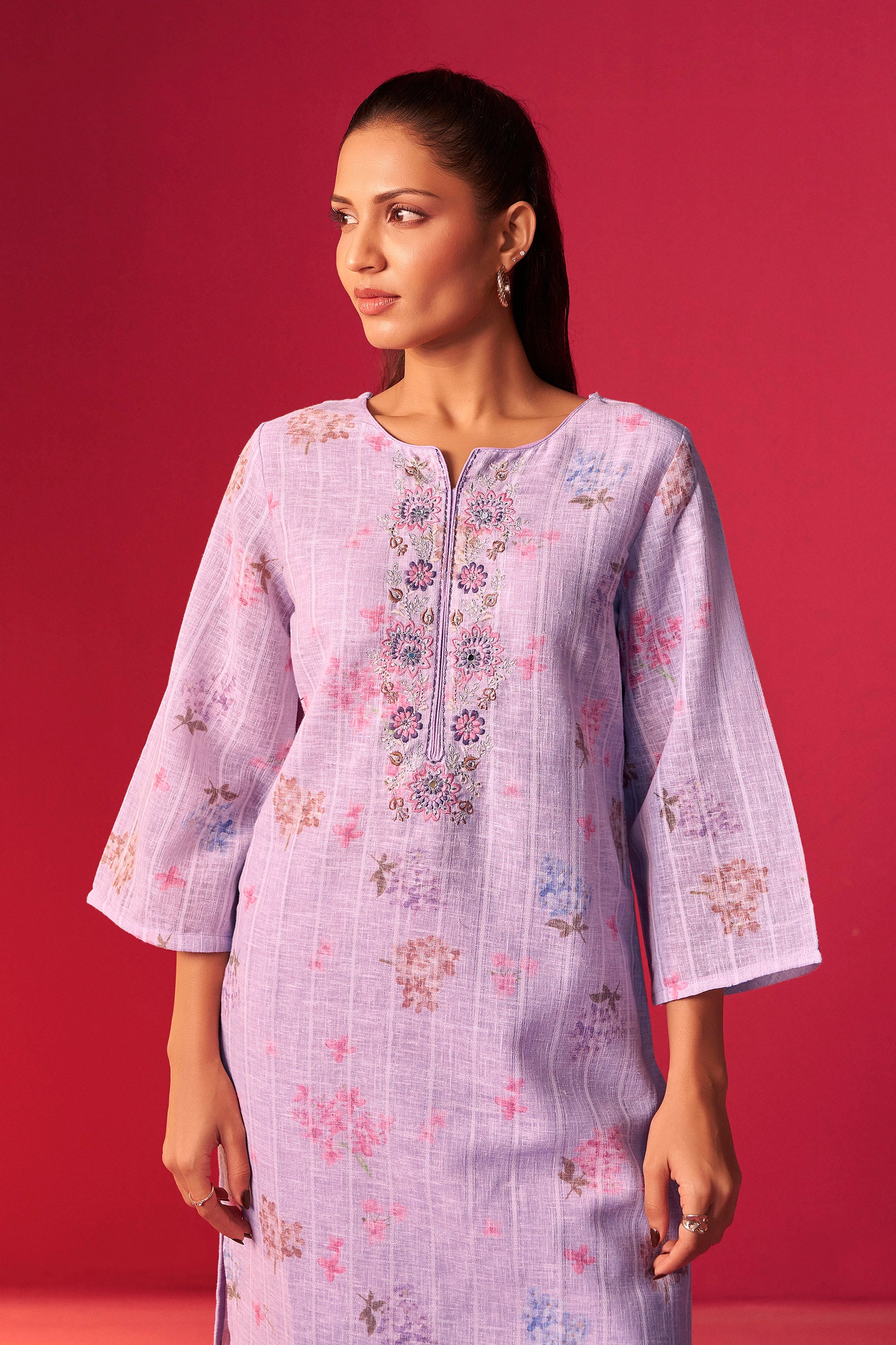 Linen Embroidered Kurta Set
