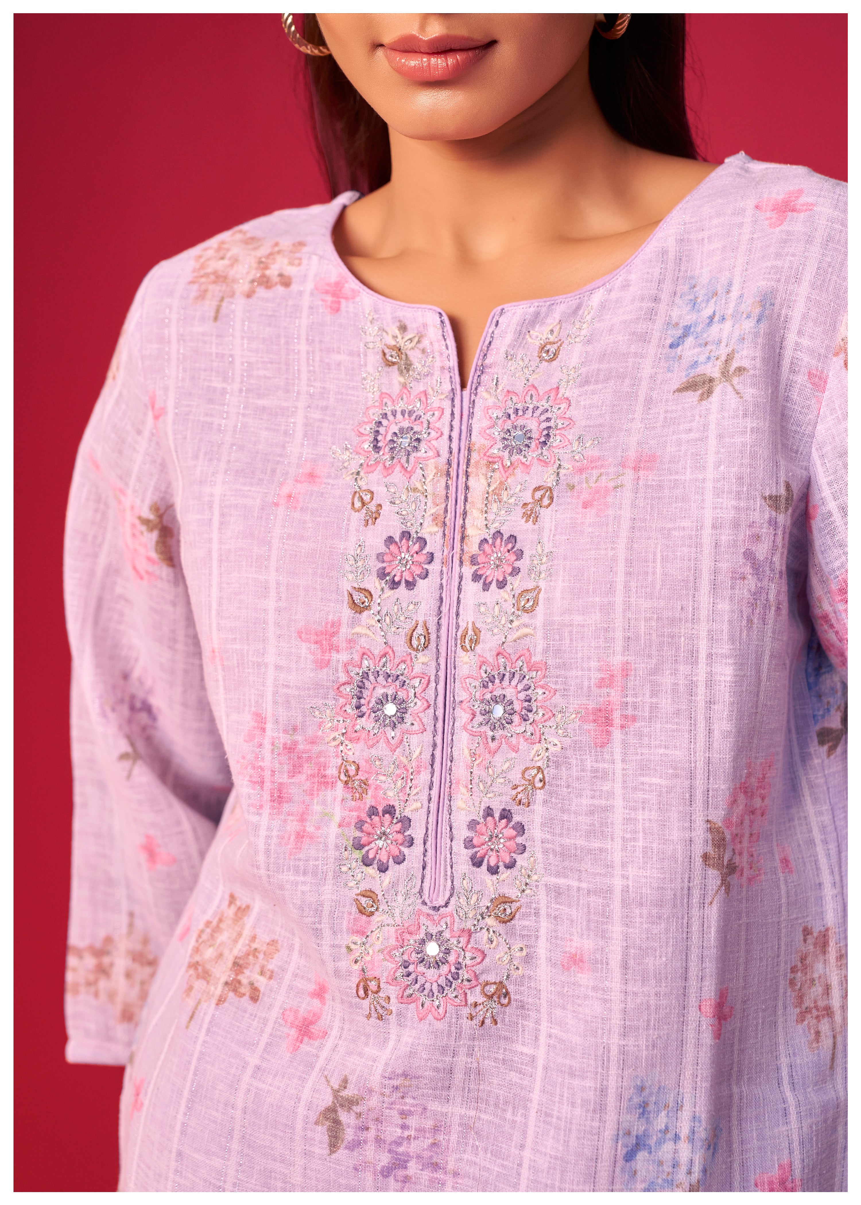 Linen Embroidered Digital Print Kurta Set
