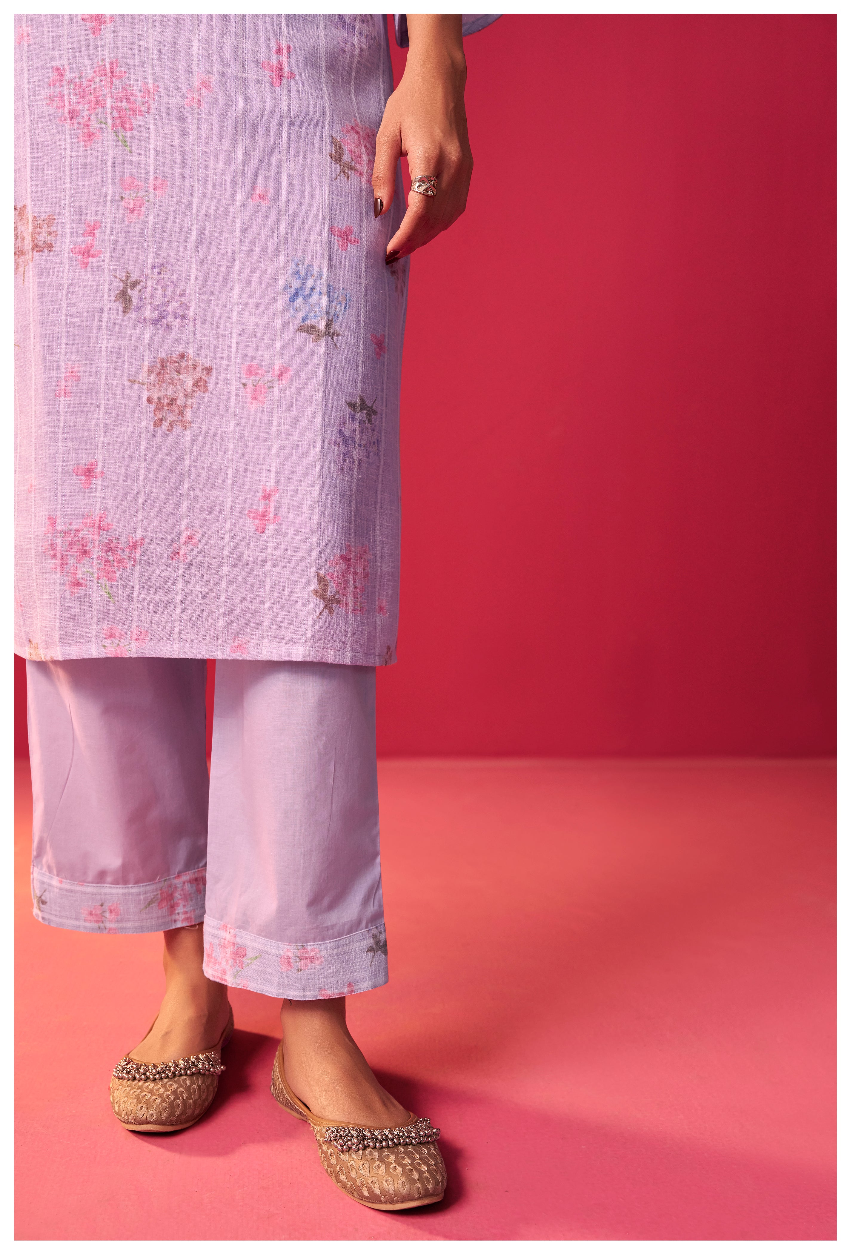Linen Embroidered Digital Print Kurta Set