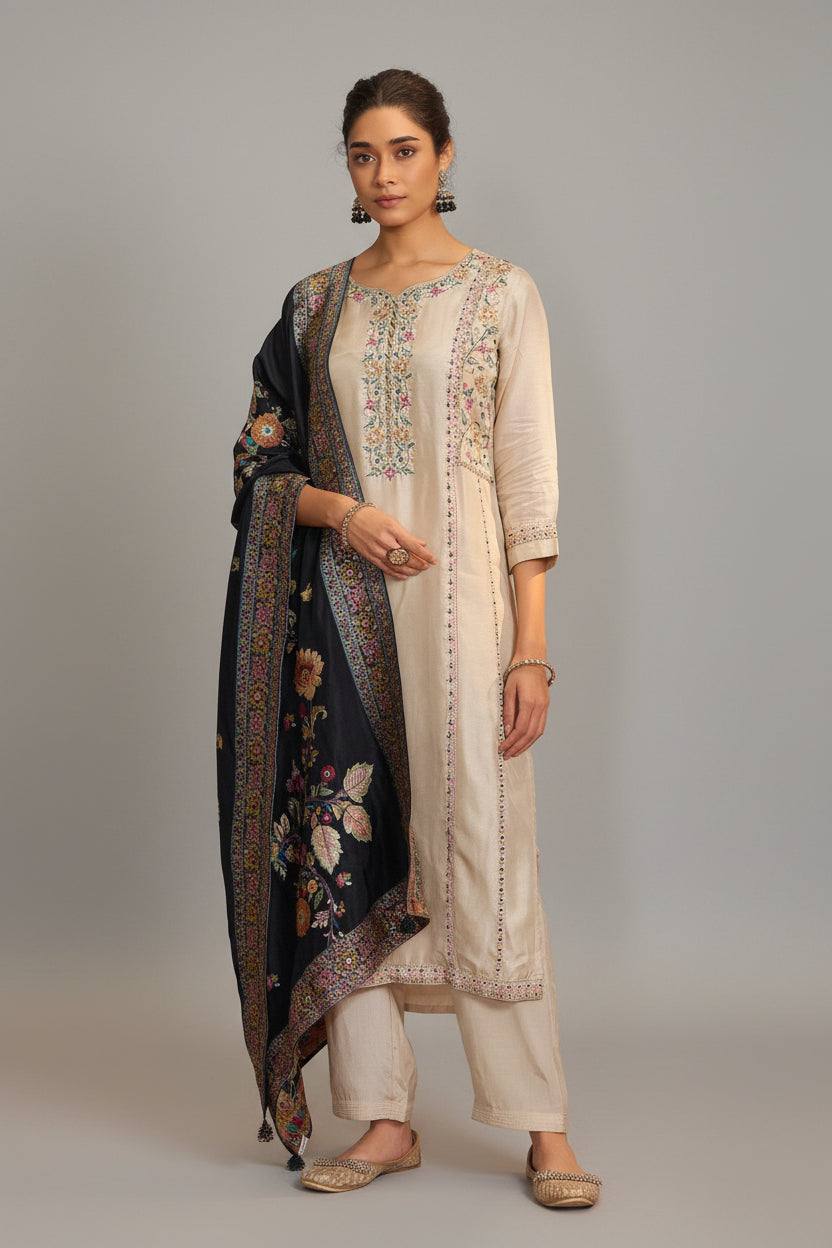 Russian Silk Kurta with Contrast Jacquard Dupatta – Cream