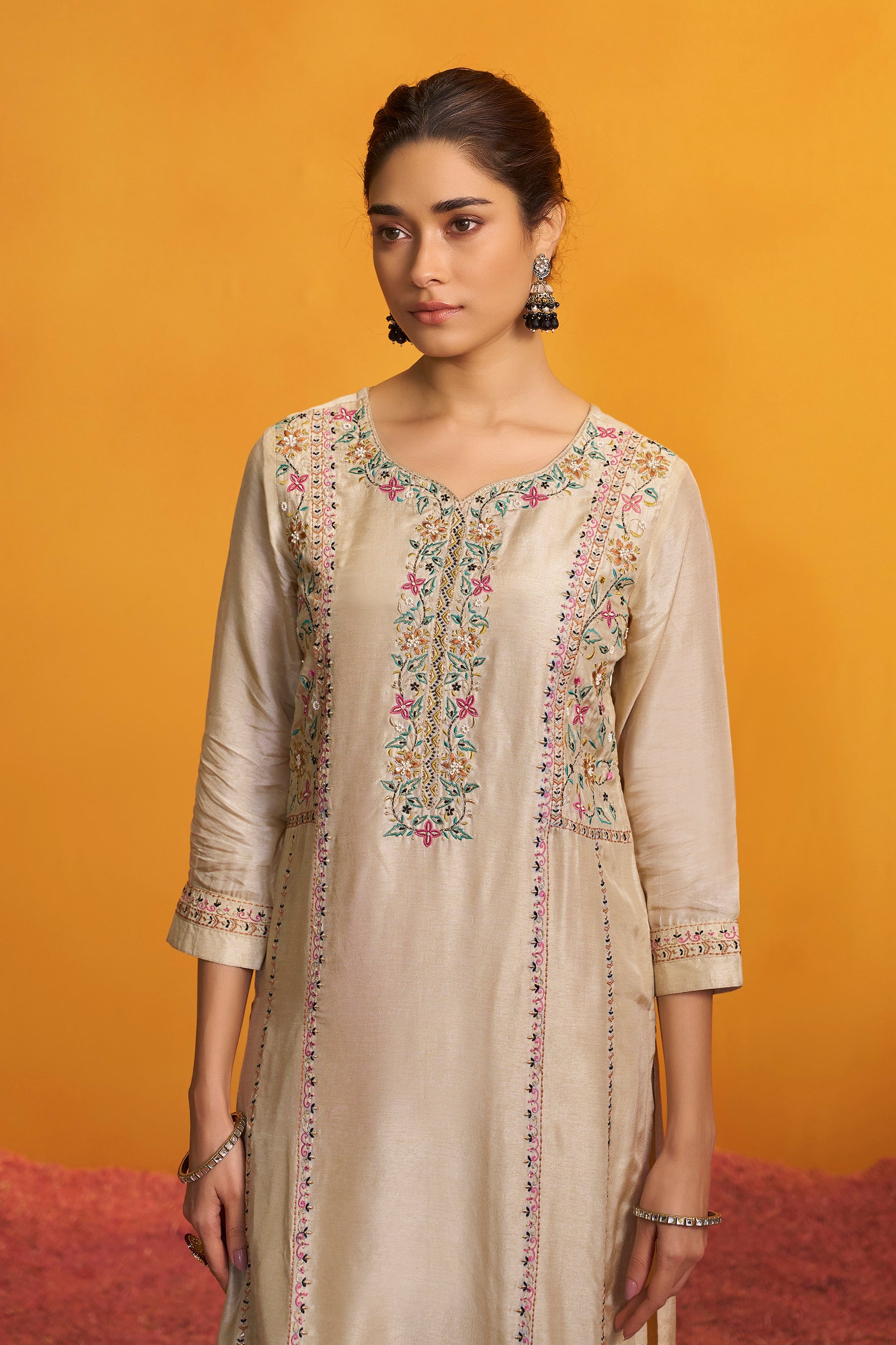 Russian Silk Kurta with Contrast Jacquard Dupatta – Cream