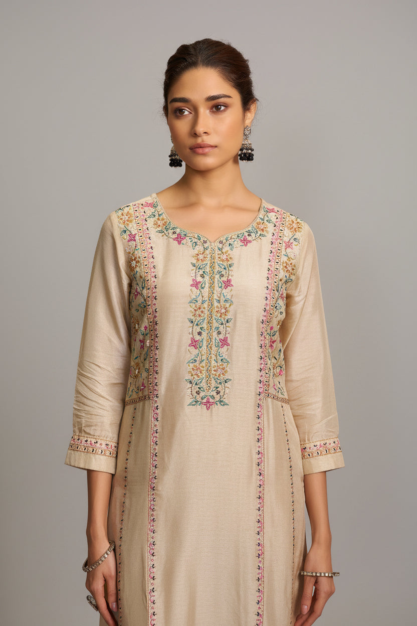 Russian Silk Kurta with Contrast Jacquard Dupatta – Cream