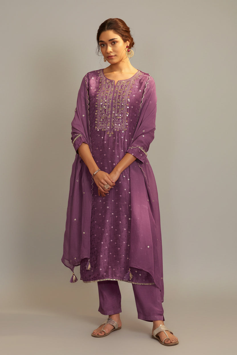 Mirror Embroidery Kurta Set – Purple