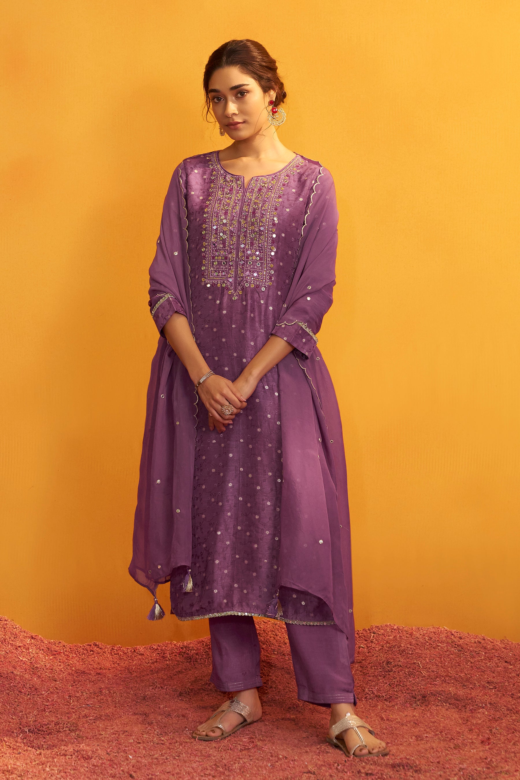 Mirror Embroidery Kurta Set – Purple