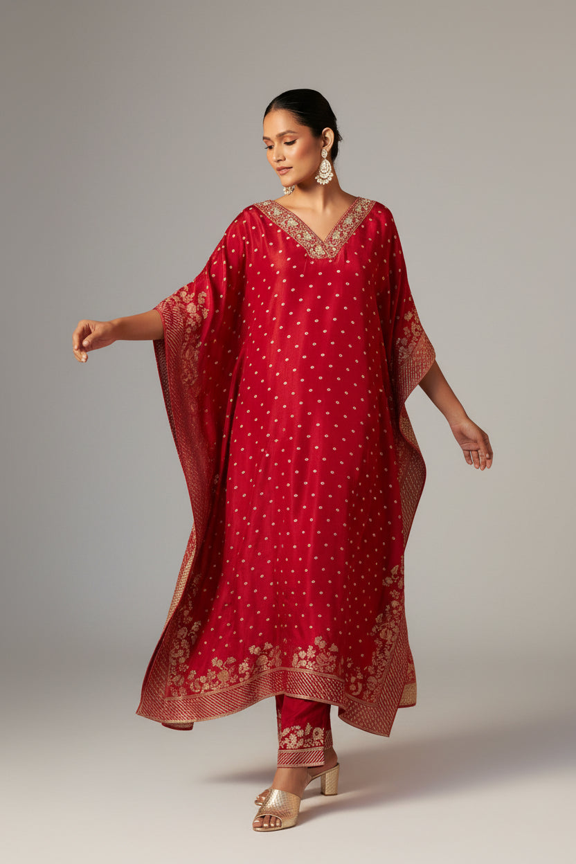 Red Dola Silk Festive Kaftan Set