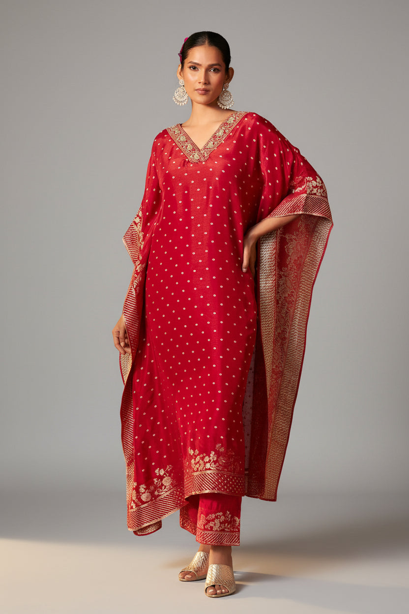 Red Dola Silk Festive Kaftan Set