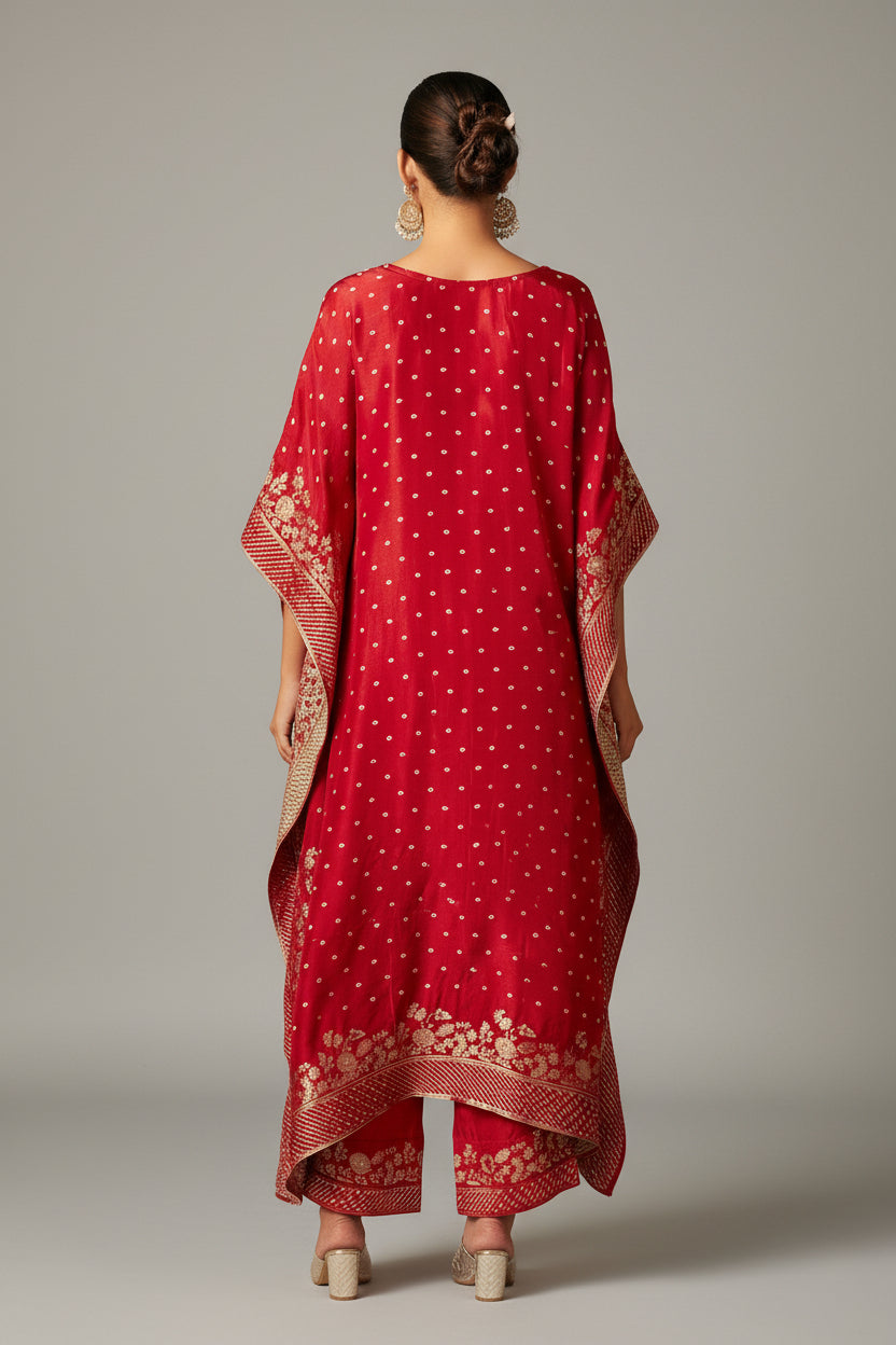 Red Dola Silk Festive Kaftan Set