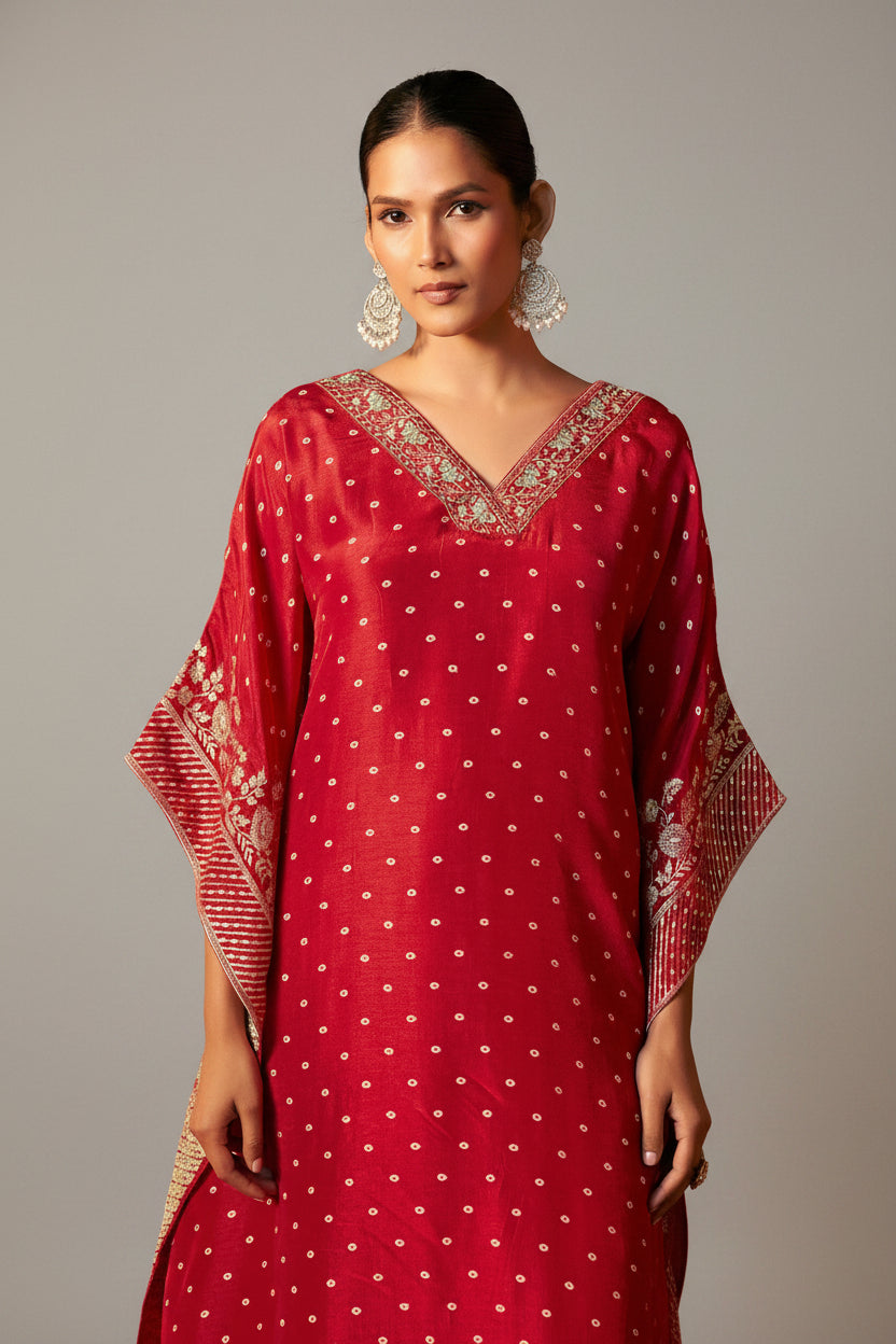 Red Dola Silk Festive Kaftan Set