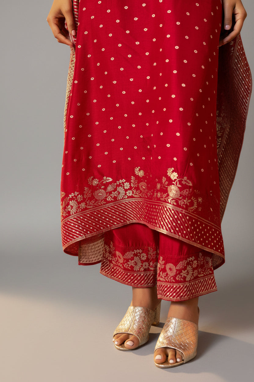 Red Dola Silk Festive Kaftan Set