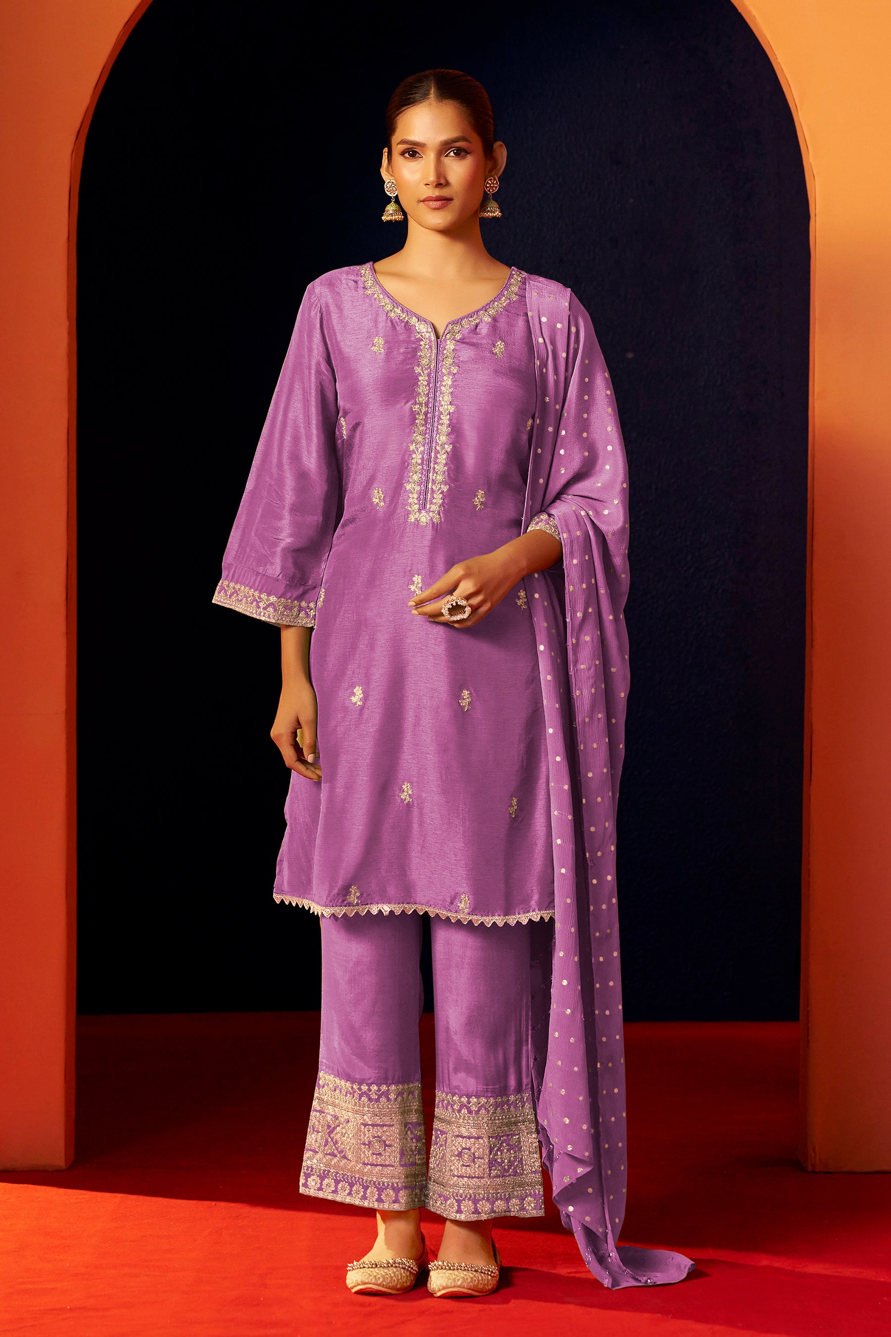 Embroidered Dola Silk Kurti Set