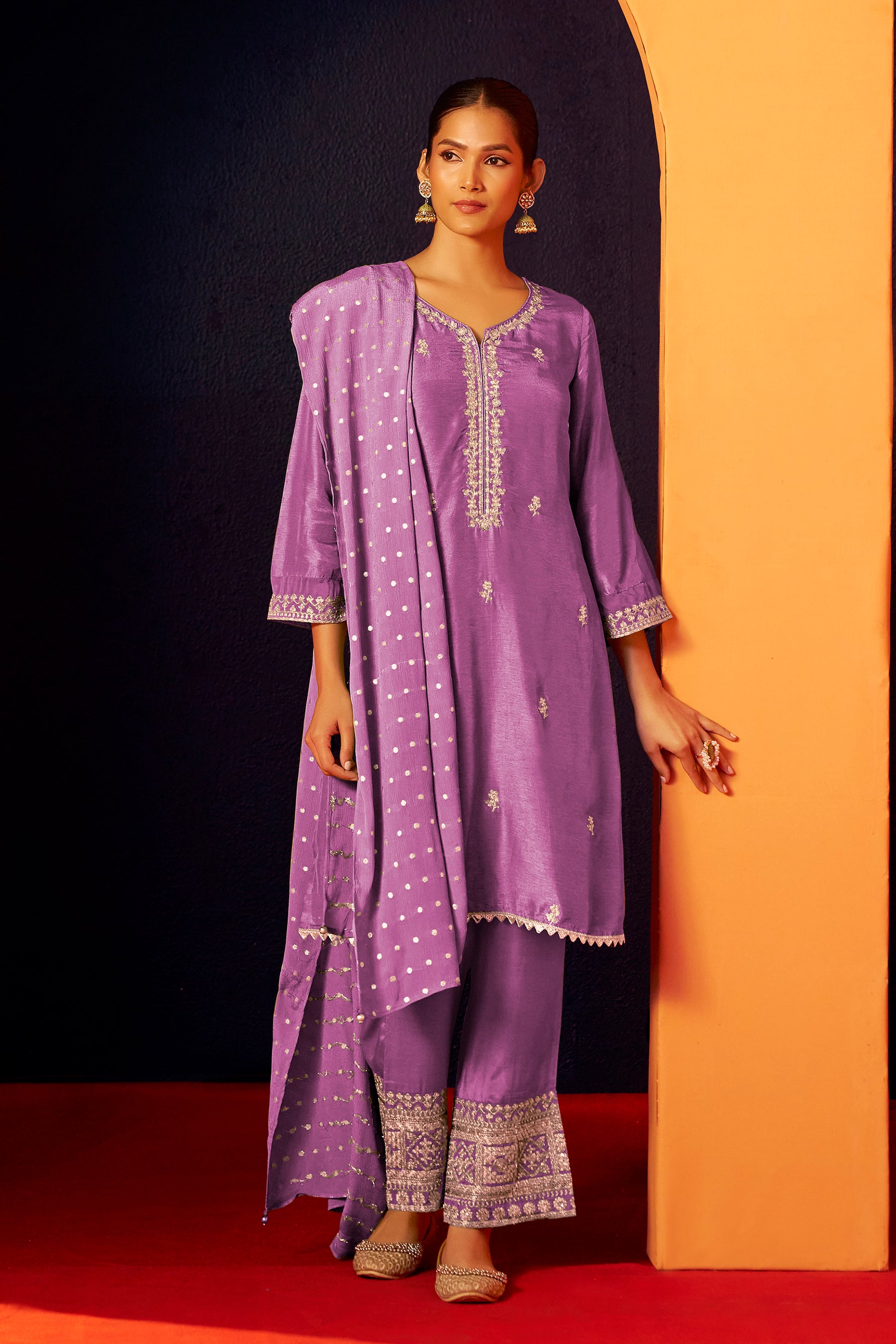 Embroidered Dola Silk Kurti Set