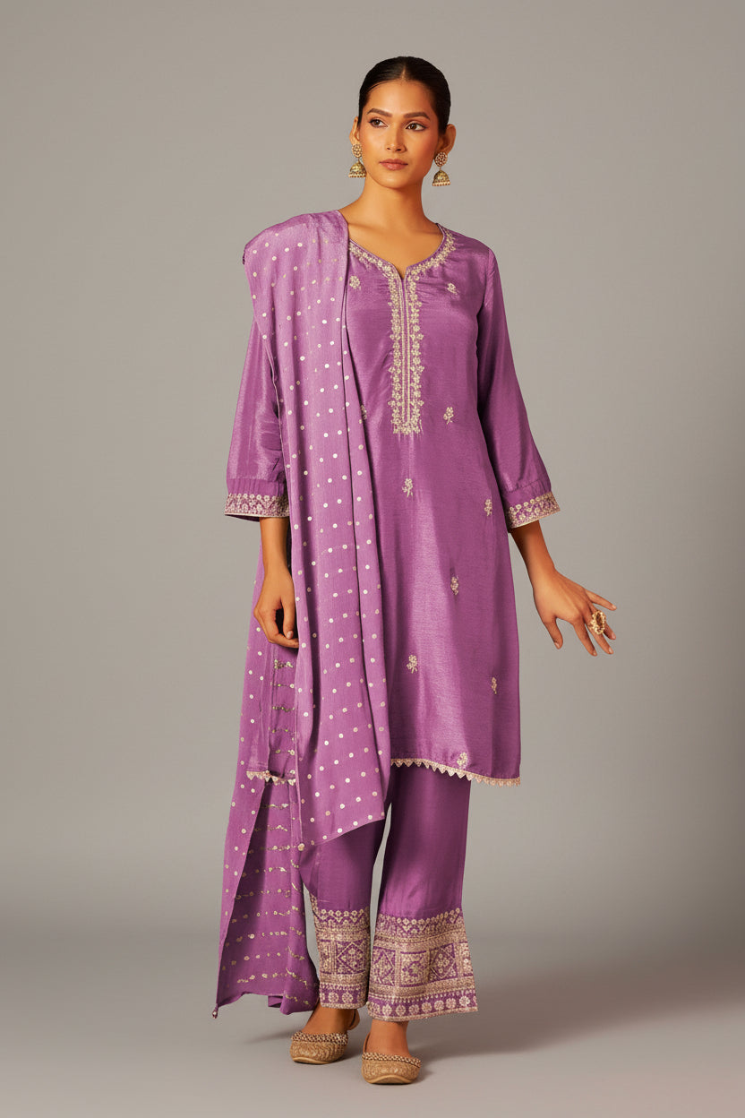 Embroidered Dola Silk Kurti Set