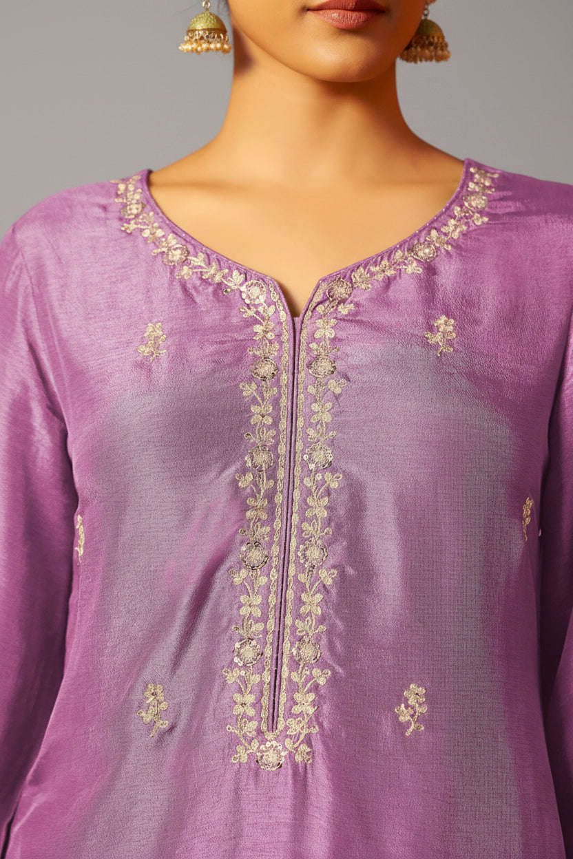 Embroidered Dola Silk Kurti Set