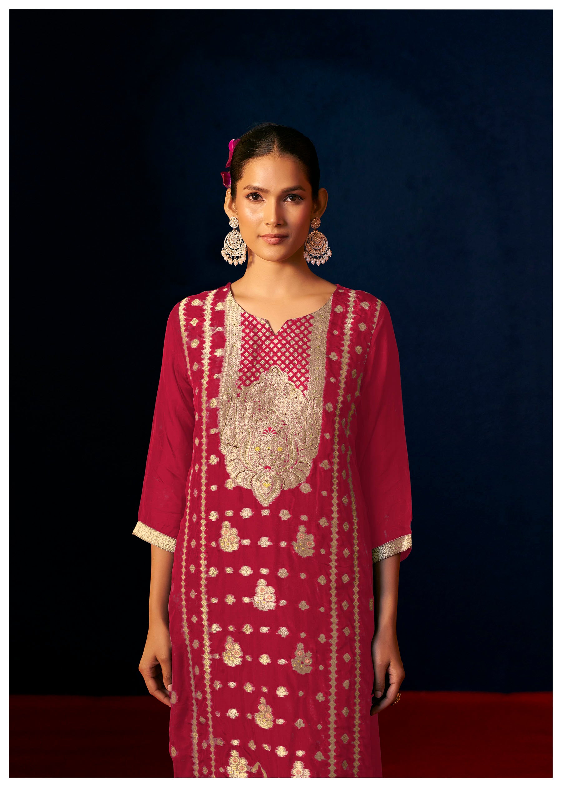 Emberlyn Red Organza Jacquard Kurta Set