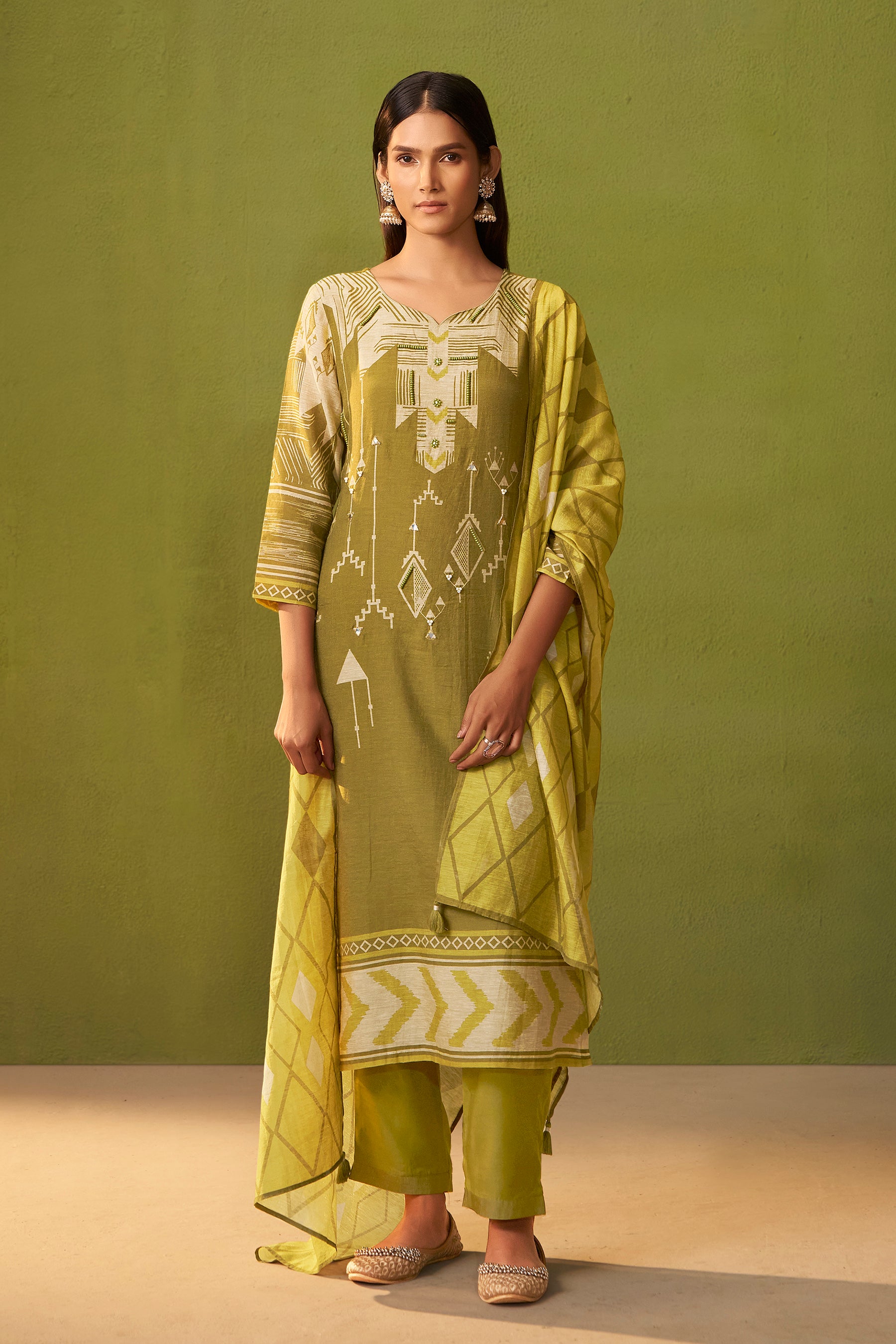 Shimmer Linen Digital Print Set – Green