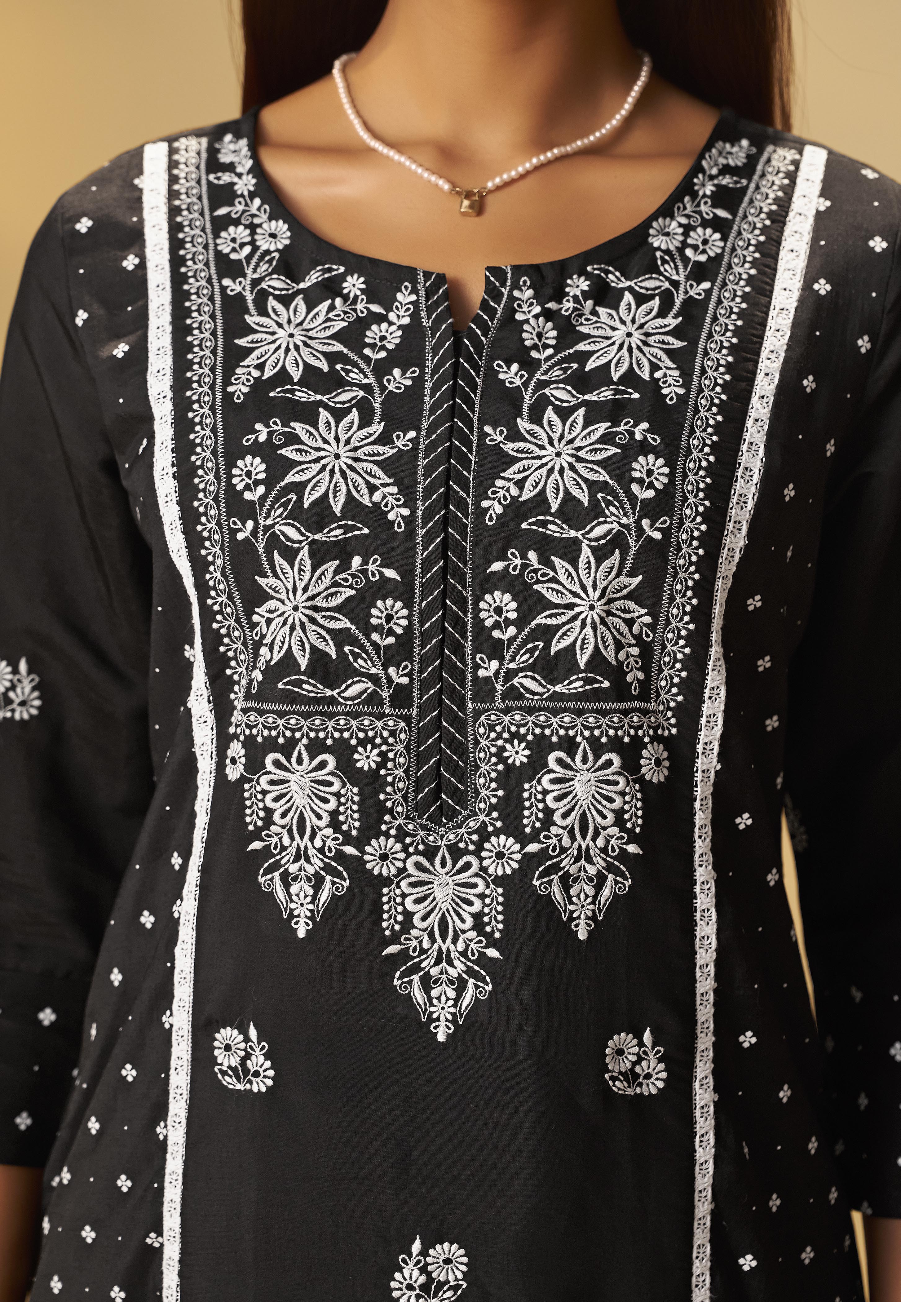 Midnight Chikankari Modal Chanderi Kurta Set