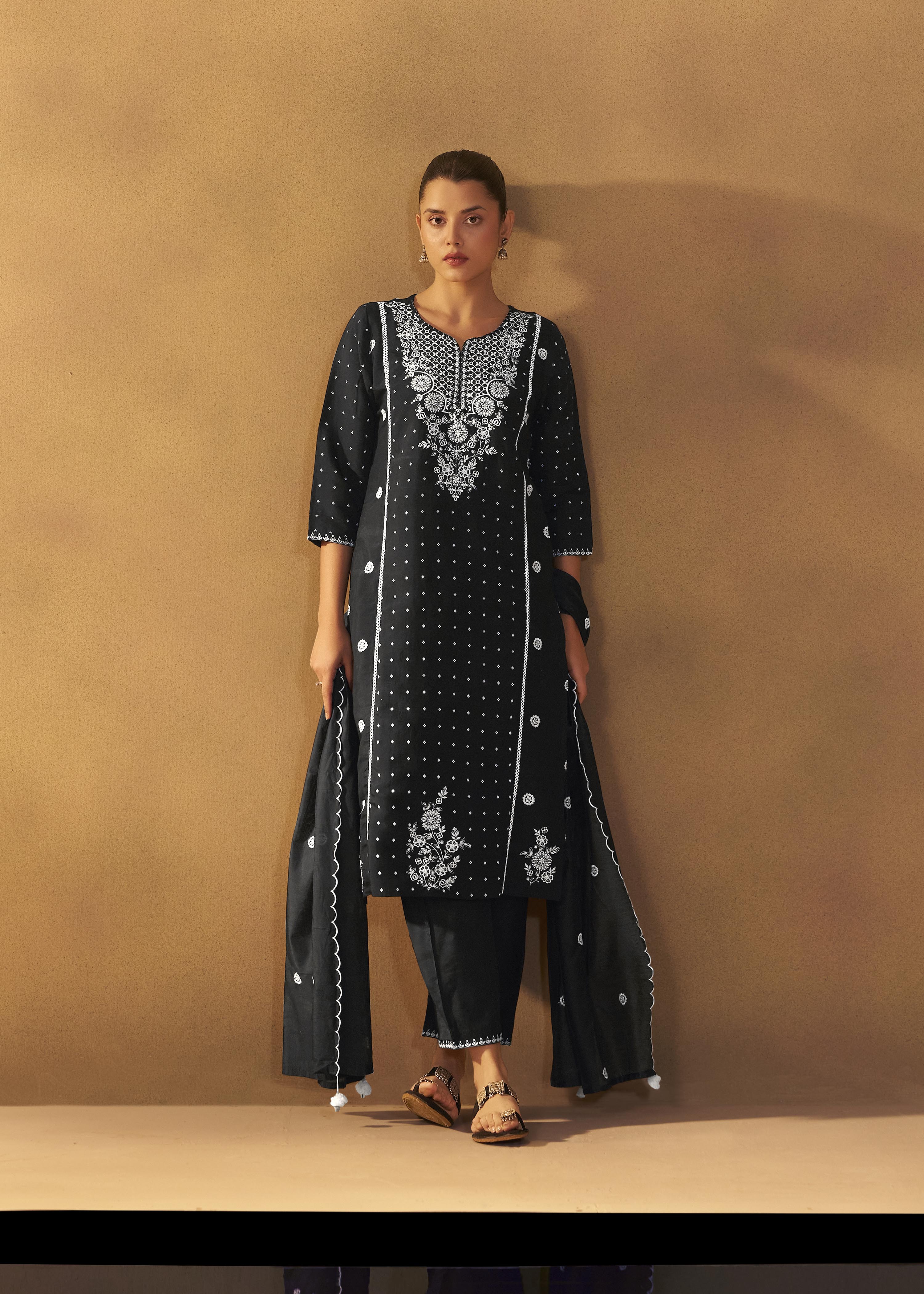 Black Chikankari Modal Chanderi Kurta Set