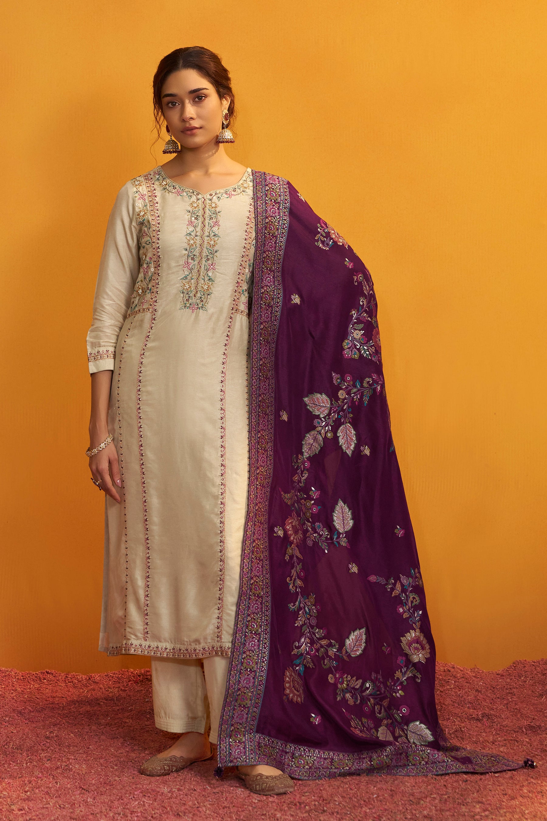 Russian Silk Kurta with Contrast Jacquard Dupatta – Cream