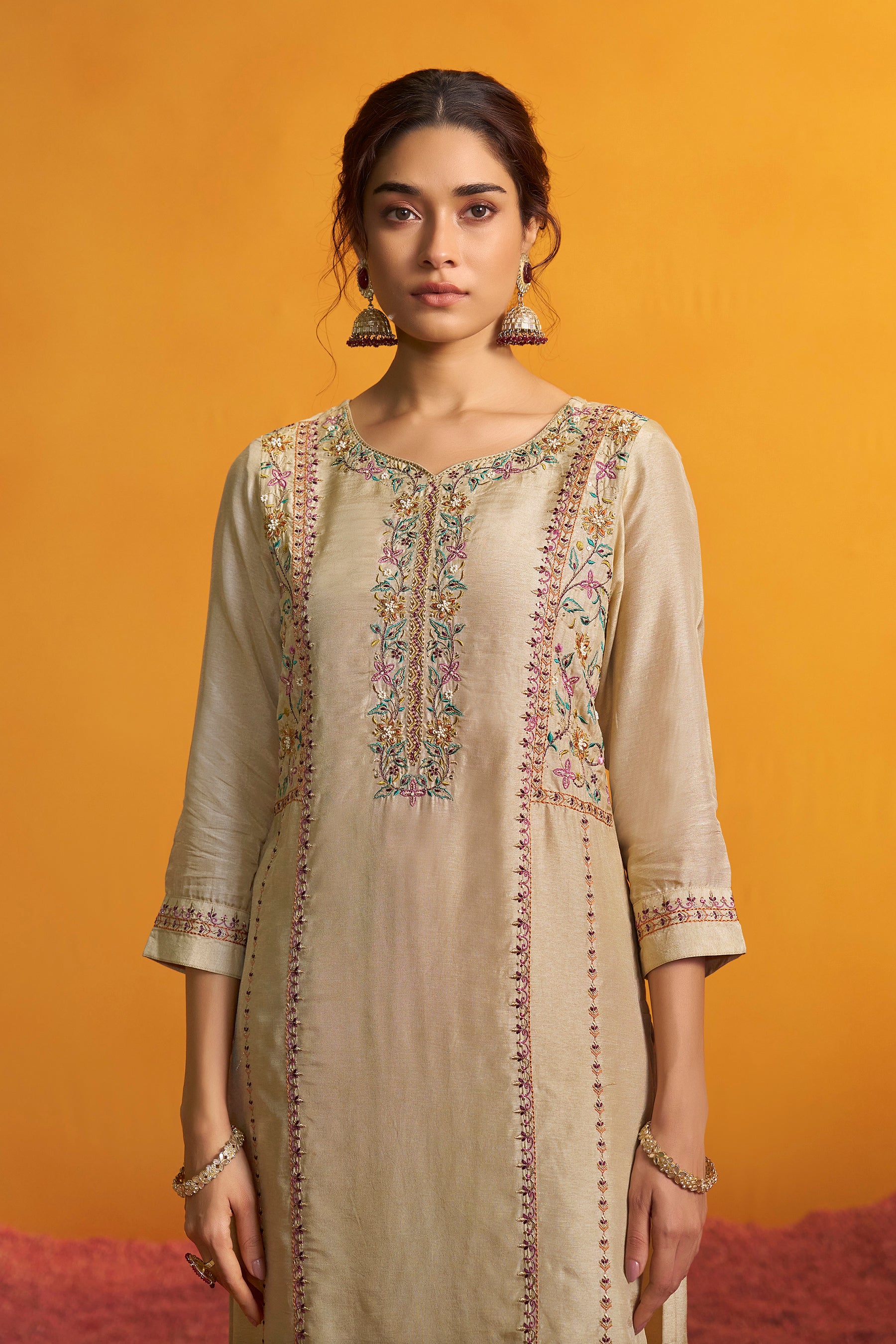 Russian Silk Kurta with Contrast Jacquard Dupatta – Cream