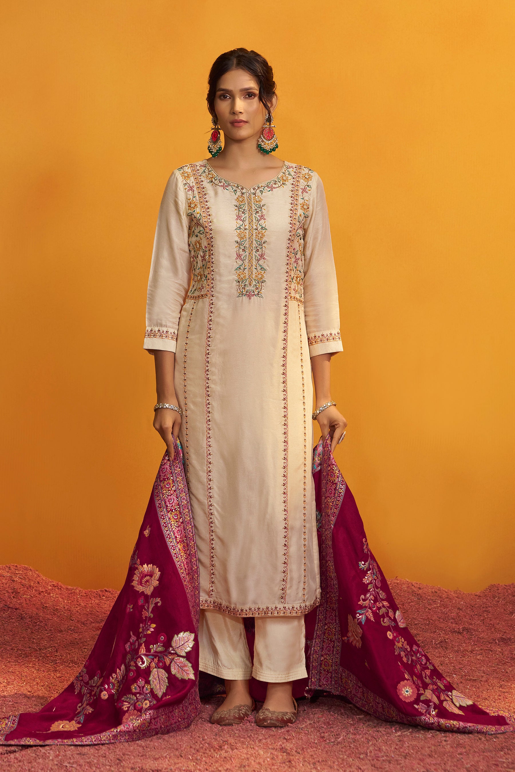 Russian Silk Kurta Set with Dupatta – Cream