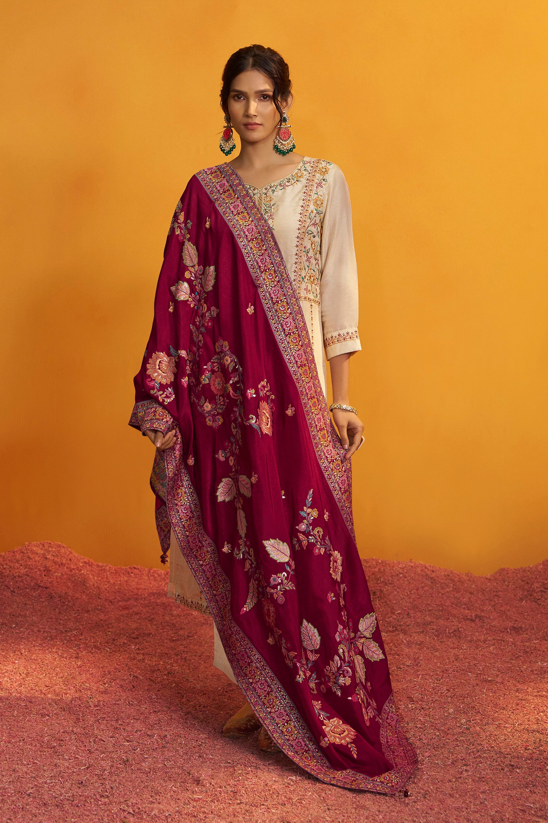 Russian Silk Kurta Set with Dupatta – Cream