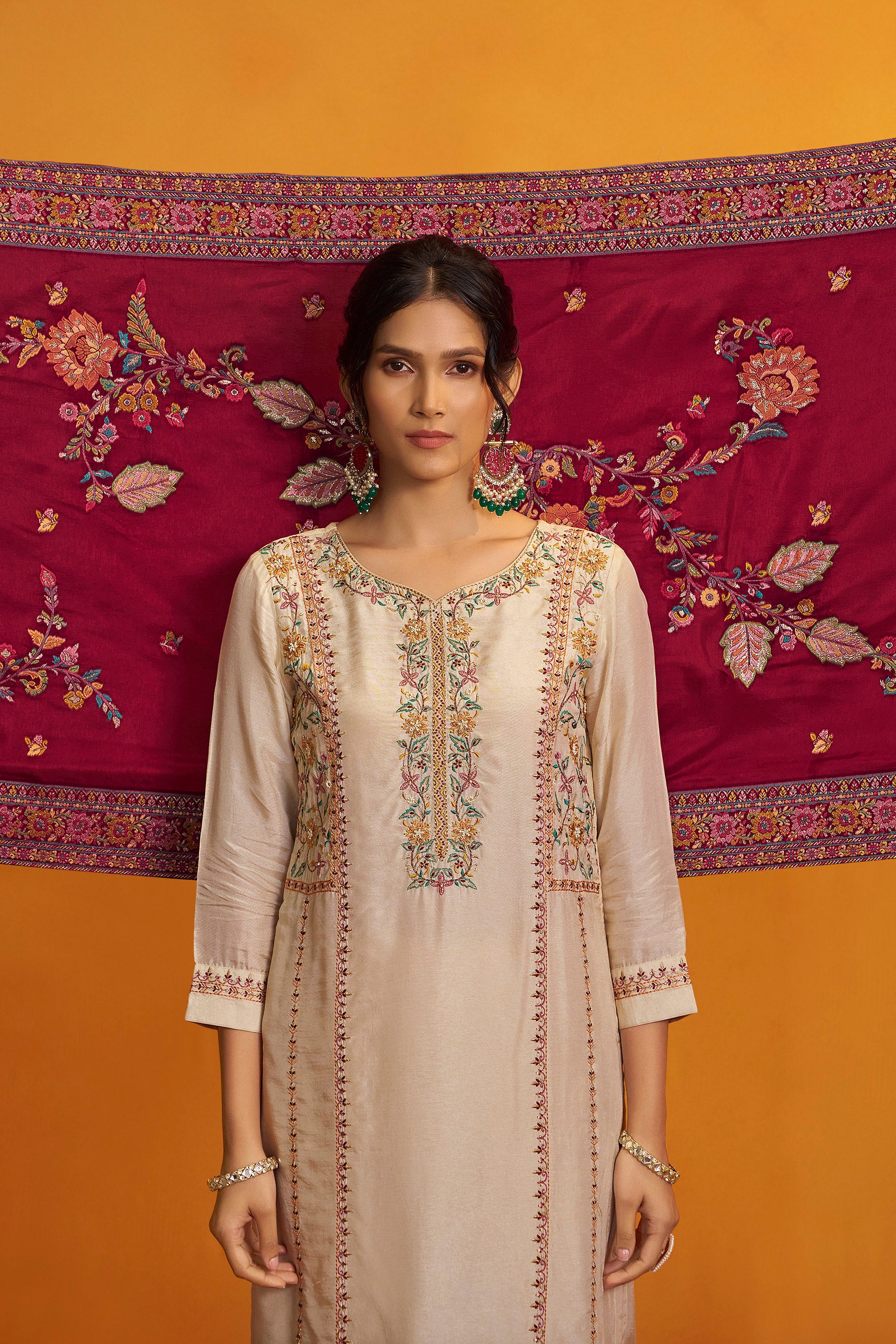 Russian Silk Kurta Set with Dupatta – Cream