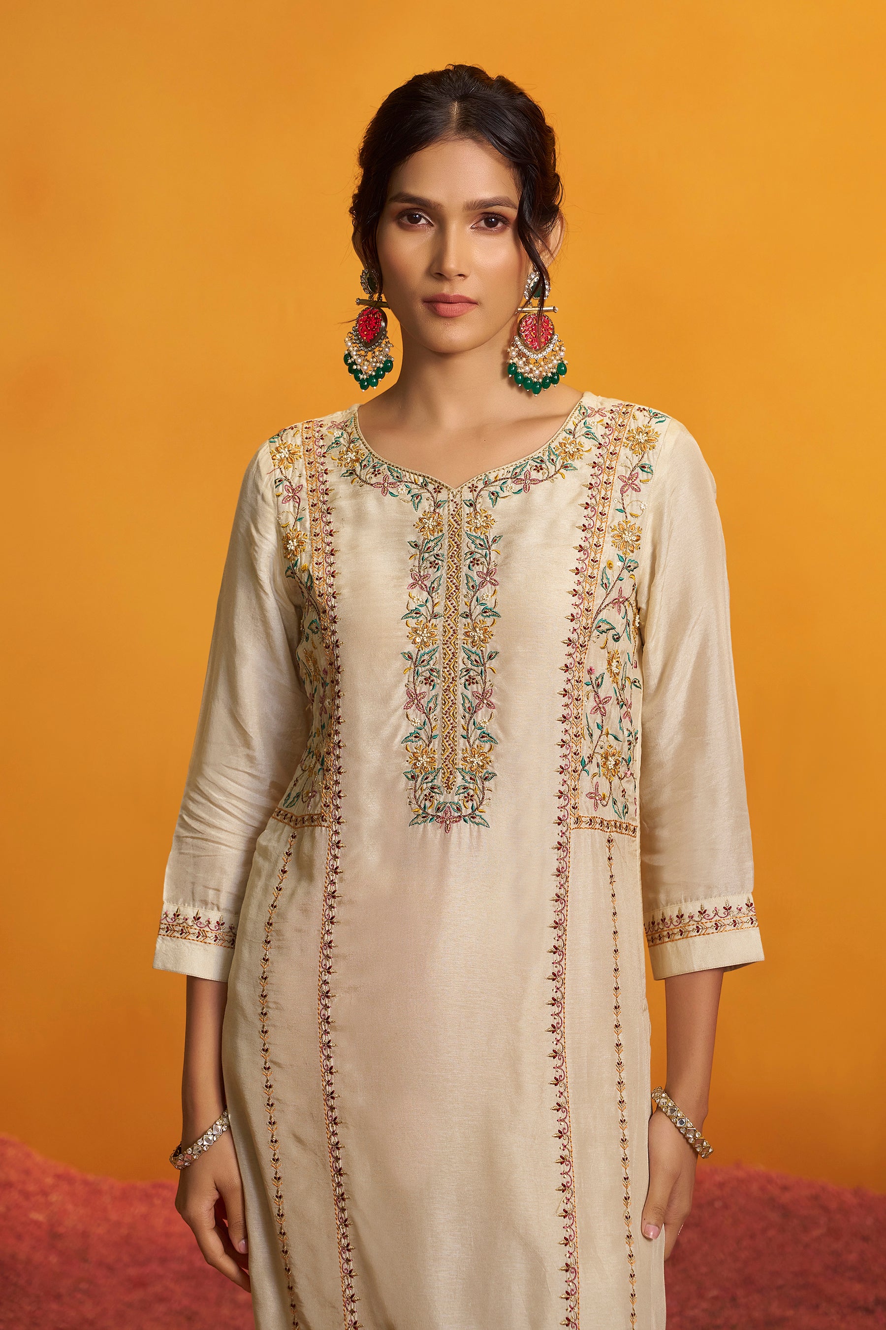 Russian Silk Kurta Set with Dupatta – Cream