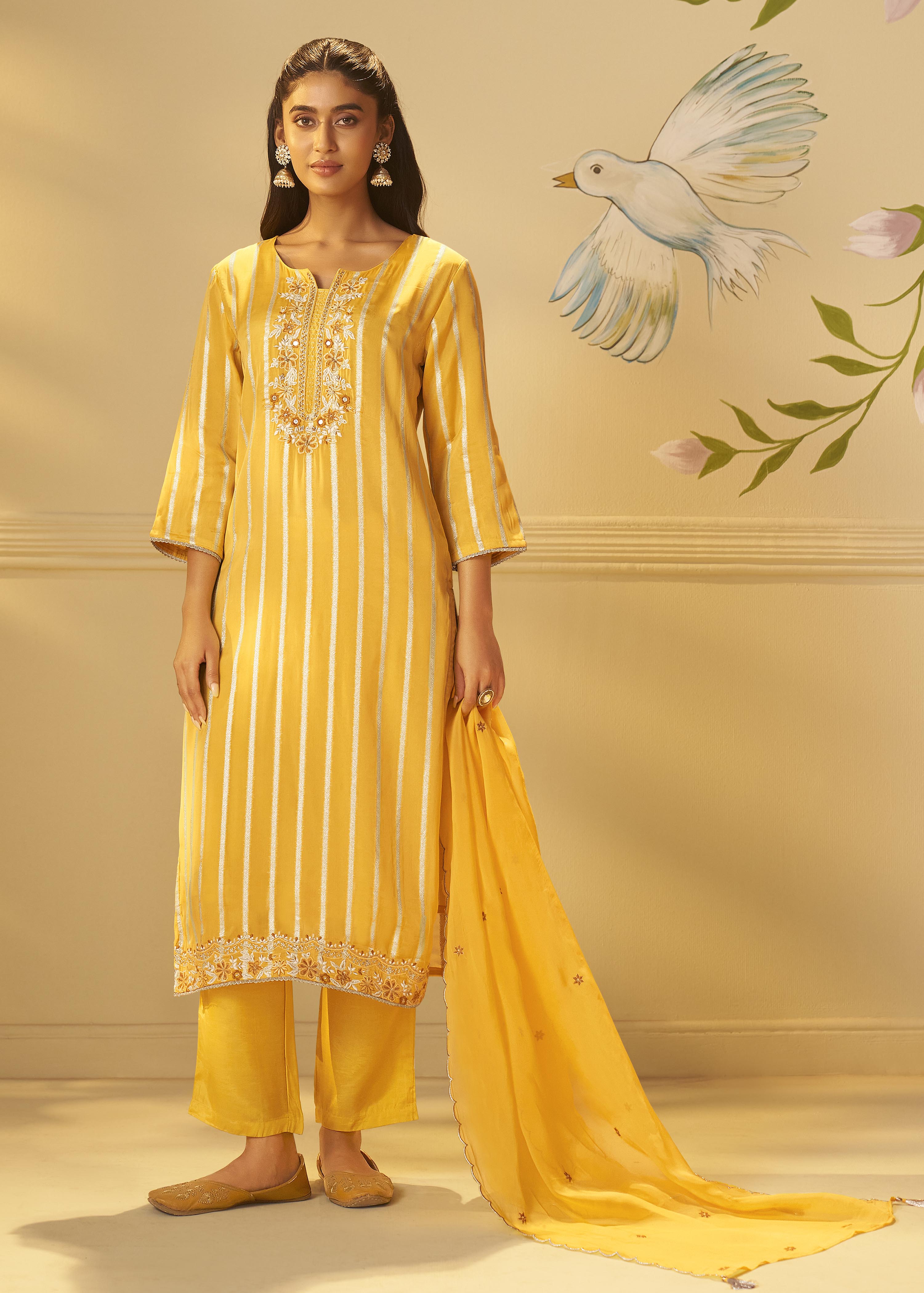 Yellow Organza Jacquard Festive Kurta Set