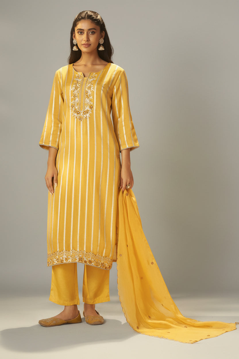 Yellow Organza Jacquard Festive Kurta Set
