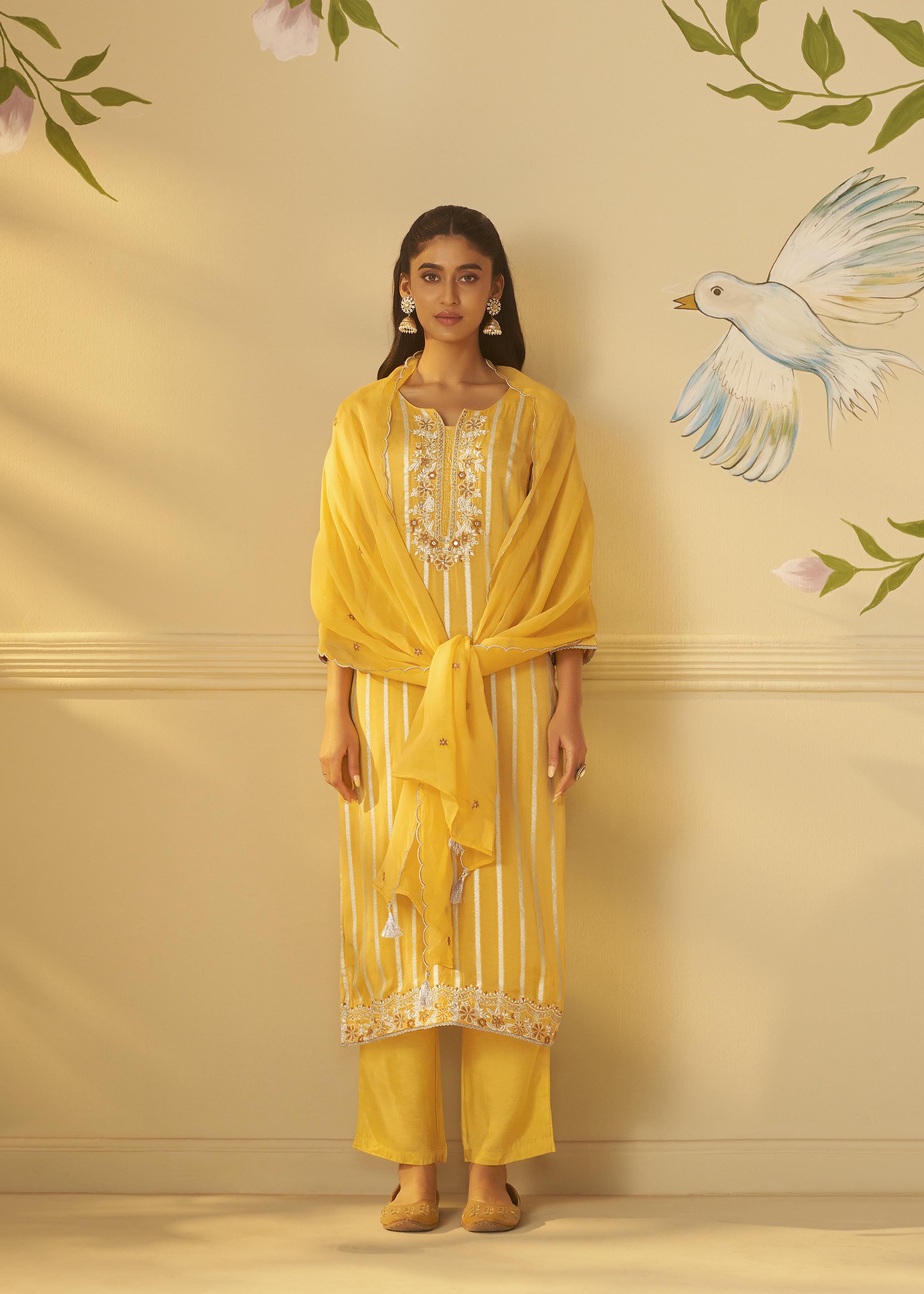 Yellow Organza Jacquard Festive Kurta Set