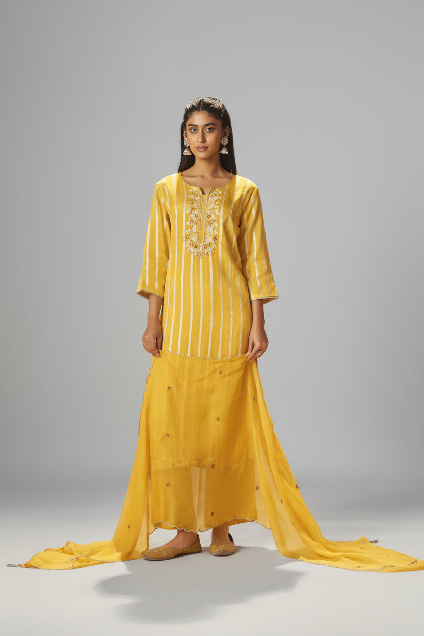 Yellow Organza Jacquard Festive Kurta Set
