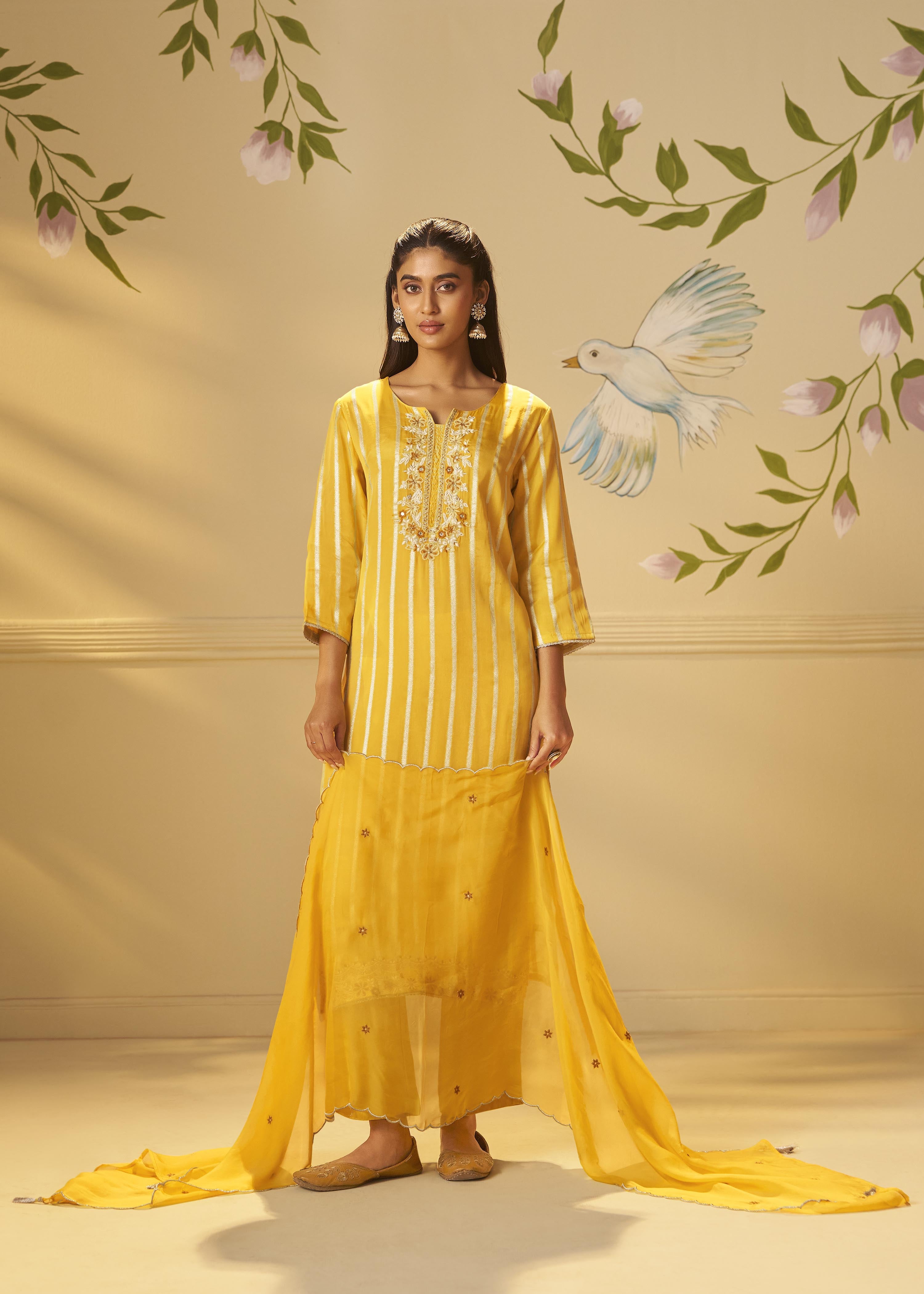 Yellow Organza Jacquard Festive Kurta Set