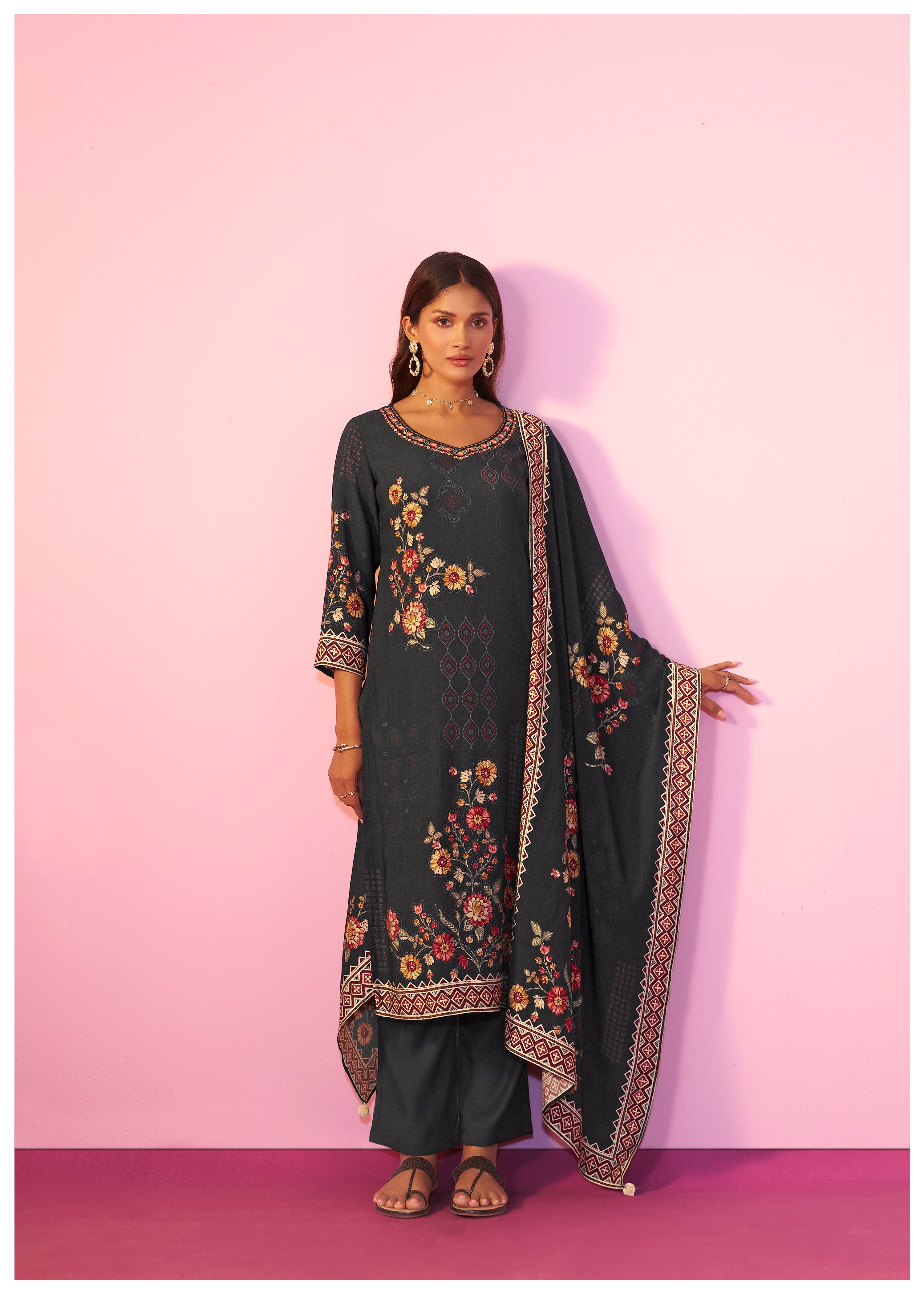 Viscose digital print Kurta Set with Intricate Embroidery