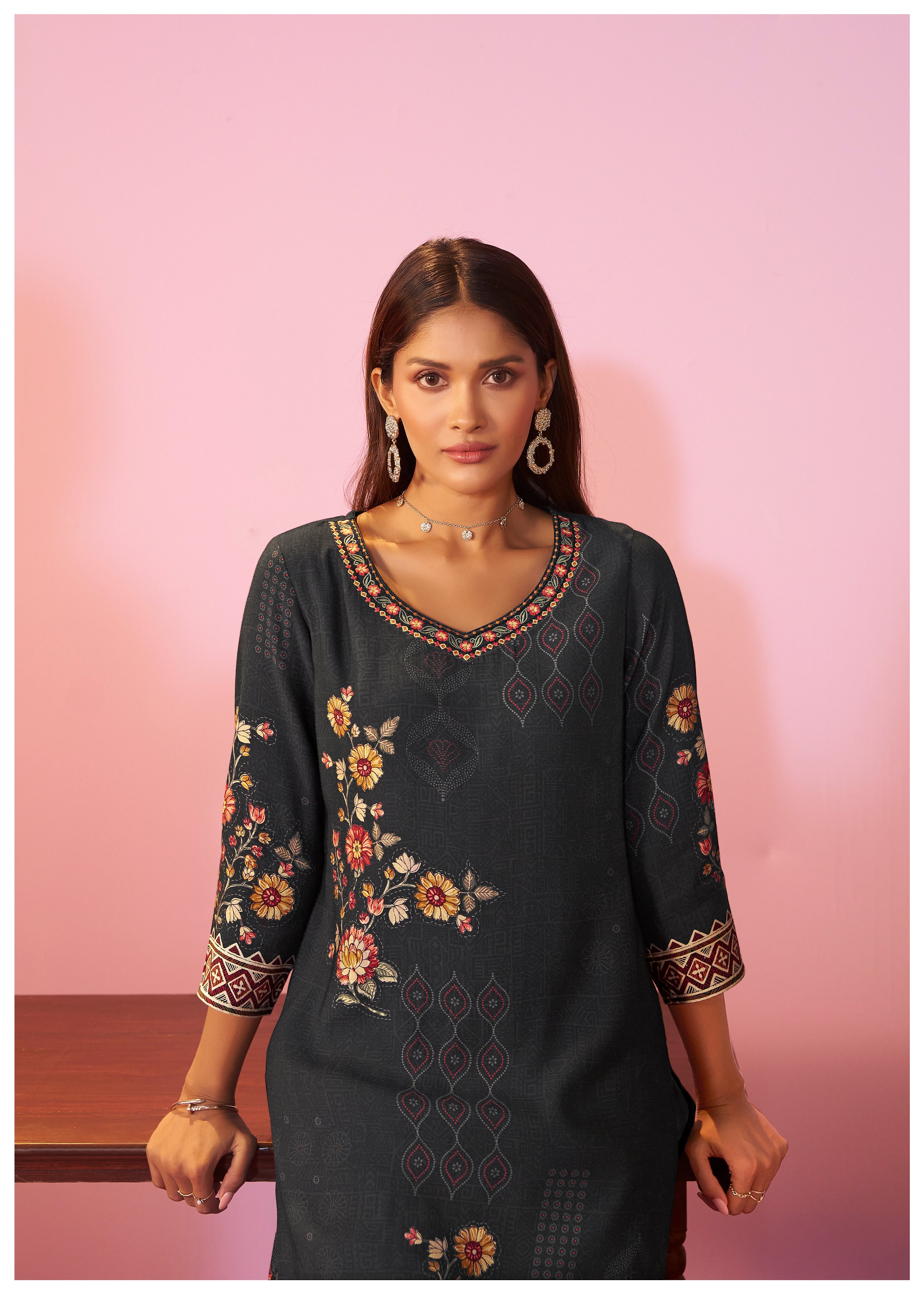 Viscose digital print Kurta Set with Intricate Embroidery