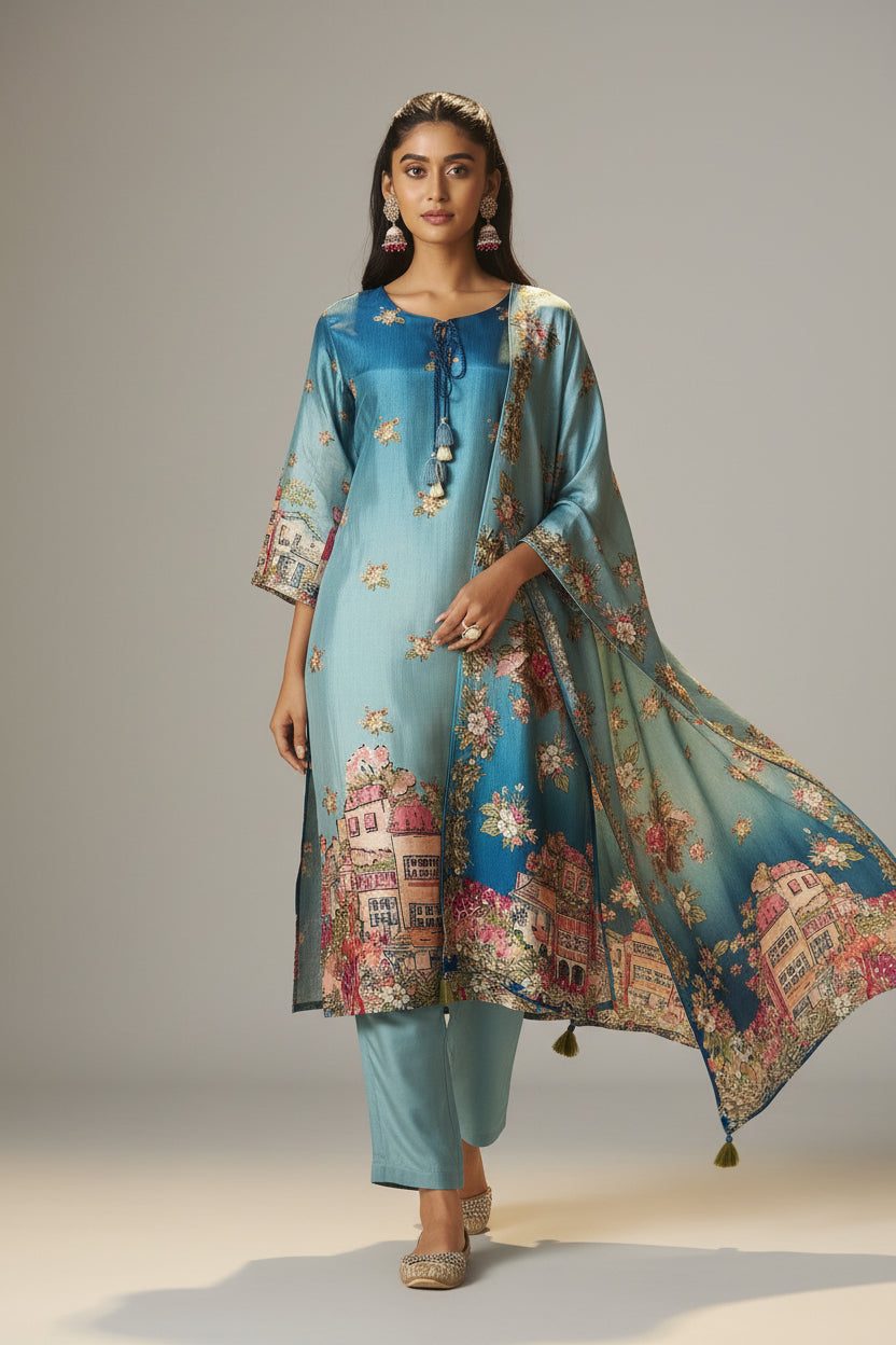 Azure Dola Shaded Digital Kurta Set