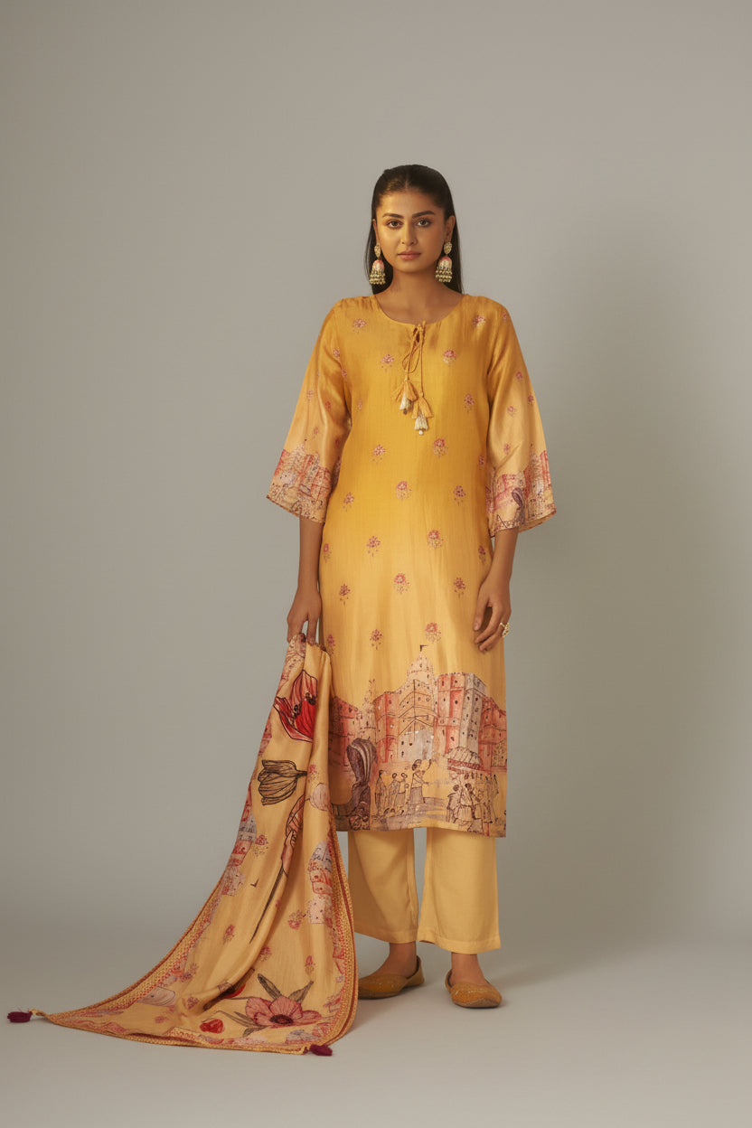Suryam Yellow Dola Silk Kurta Set