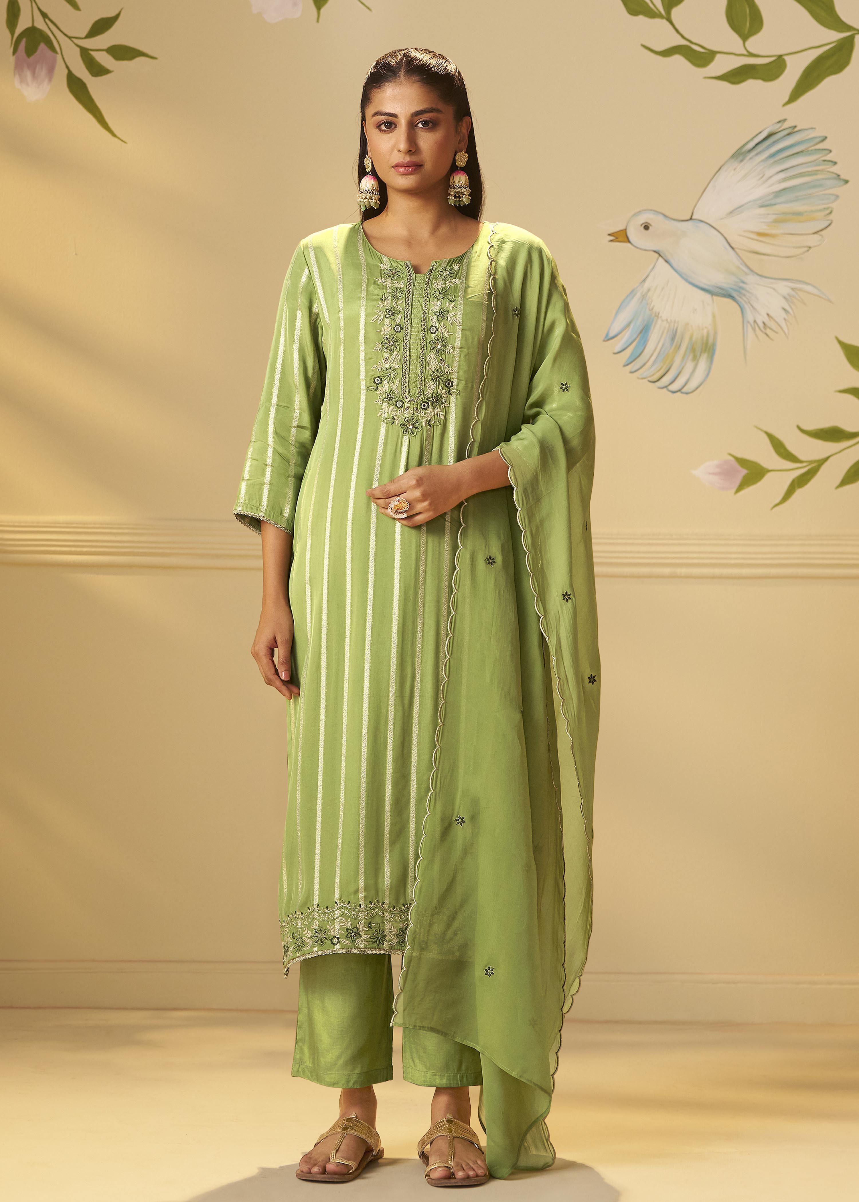 Emerald Organza Jacquard Embroidered Set