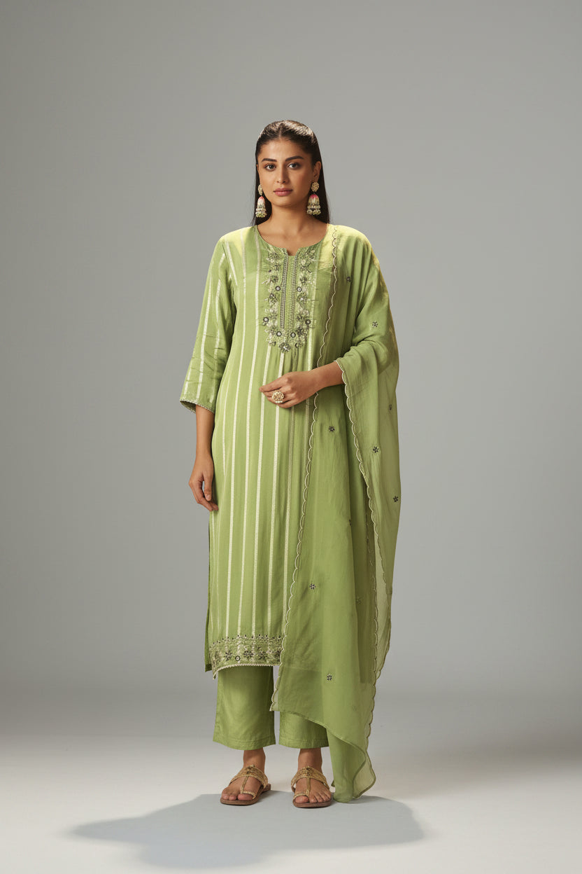 Emerald Organza Jacquard Embroidered Set