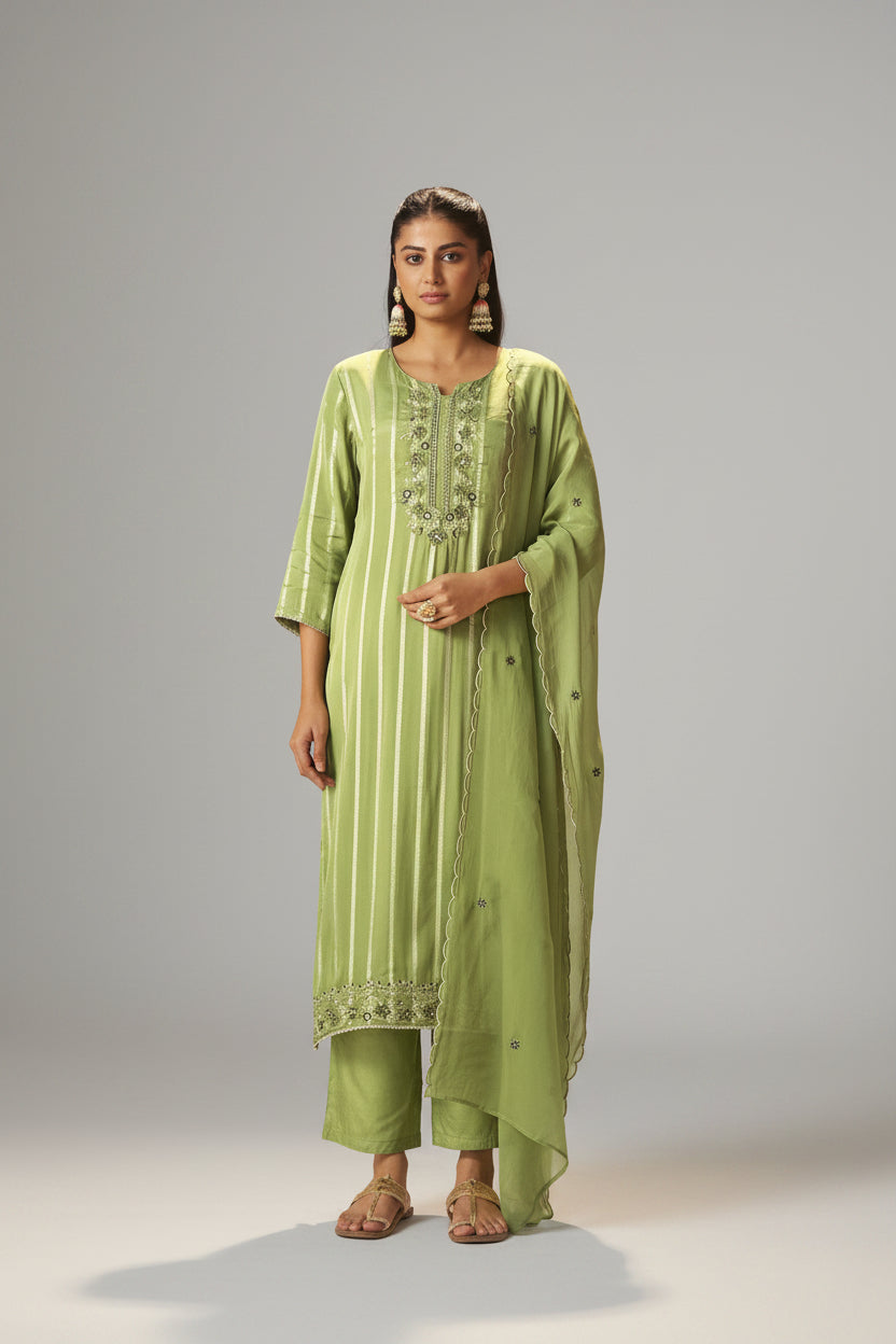 Emerald Organza Jacquard Embroidered Set